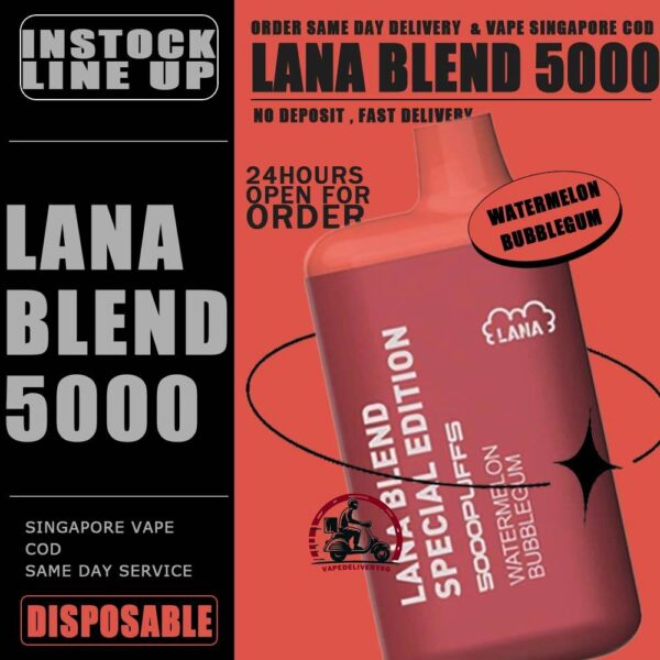 LANA BLEND EDITION 5000 DISPOSABLE - VAPE DELIVERY SG SINGAPORE Lana Blend Edition 5000 Disposable Tie Guan Yin Vape is a compact and stylish disposable vape kit that offers a convenient and satisfying vaping experince,it is perfect for those who prefer a simple yet stylish look. One of the standout features of the Lanabar 5000 is its flavour optiones. The device offers a range of flavours to choose from, each with its own unique taste profile. The flavours are well-balanced do not contain any harsh or irritant ingredients, making for a smooth and enjoyable vaping exprience. whether you prefer sweet, fruity or menthol flavors, the lanabar 5000 has something for everyone. Another advantage of the lanabar 5000 is its size and portability. Specifications : Puff : 5000 Puffs Nicotine : 3% Capacity : 13ml Battery : 850mAh Charging : Rechargeable with Type C ⚠️LANA BLEND SPECIAL 5000 FLAVOUR LINE UP⚠️ Aloe Yogurt Mango Peach Ice Strawberry Mango Ice Grape Apple Ice Grape Honey Grape Bubblegum Double Mint Chrysanthemum Tea Ice Lemon Tea Sea Salt Lemon Tie Guan Yin Yakult Watermelon Bubblegum Honeydew Watermelon Pomelo White Tea SG VAPE COD SAME DAY DELIVERY , CASH ON DELIVERY ONLY. TAKE BULK ORDER /MORE ORDER PLS CONTACT ME : VAPEDELIVERYSG VIEW OUR DAILY NEWS INFORMATION VAPE : TELEGRAM CHANNEL