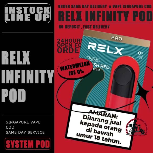 RELX INFINITY POD - VAPE DELIVERY SG SINGAPORE RELX Infinity pod come in a wide range of flavors with a massive 2ml capacity for its pre-filled nicotine salt e-juice pods that lasts approximately 650 puffs. Discover out signature Menthol Xtra 5% Nicotine flavor, alongside popular options like Infinity Pod Watermelon Ice, Tangy Grape , Mint Freeze , Jasmine Green Tea, Strawberry Burst, and Oolong Tea. For those craving extra sweetness, you can also enjoy Root Brew or Dark Sparkle flavors. Specifications : Capacity: 2ml Life Span: 500-650 puff Package Include : 1 Pack of 3 Pods ⚠️RELX INFINITY POD FLAVOUR LINE UP⚠️ Blueberry Splash Crisp Apple Jasmine Green Tea Pink Guava Root Brew Honey Pomelo Fresh Peach Lychee Ice Lemon Zest Honeydew Melon Iced Latte White Coffee Thai Milk Tea Smooth Mango Orange Sparkle Strawberry Burst Dark Sparkle Lime Sparkle Banana Freeze Ludou Ice Lime Ice Taro Scoop Oolong Tea LongJing Tea Iced Black Tea Tangy Grape Watermelon Ice Menthol Xtra Mint Freeze Lemon Mint Rich Tobacco Classic Tobacco Menthol Extra 0mg Watermelon Ice 0mg ⚠️RELX INFINITY POD COMPATIBLE WITH⚠️ DD Cube Device Relx Infinity Device Relx Phantom Device Relx Infinity 2 Device Lana Infinity Device Relx Artisan SG VAPE COD SAME DAY DELIVERY , CASH ON DELIVERY ONLY. TAKE BULK ORDER /MORE ORDER PLS CONTACT ME : VAPEDELIVERYSG VIEW OUR DAILY NEWS INFORMATION VAPE : TELEGRAM CHANNEL