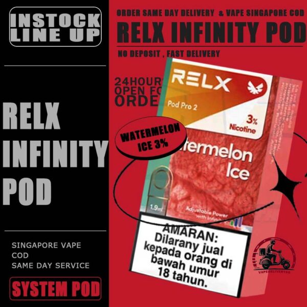 RELX INFINITY POD - VAPE DELIVERY SG SINGAPORE RELX Infinity pod come in a wide range of flavors with a massive 2ml capacity for its pre-filled nicotine salt e-juice pods that lasts approximately 650 puffs. Discover out signature Menthol Xtra 5% Nicotine flavor, alongside popular options like Infinity Pod Watermelon Ice, Tangy Grape , Mint Freeze , Jasmine Green Tea, Strawberry Burst, and Oolong Tea. For those craving extra sweetness, you can also enjoy Root Brew or Dark Sparkle flavors. Specifications : Capacity: 2ml Life Span: 500-650 puff Package Include : 1 Pack of 3 Pods ⚠️RELX INFINITY POD FLAVOUR LINE UP⚠️ Blueberry Splash Crisp Apple Jasmine Green Tea Pink Guava Root Brew Honey Pomelo Fresh Peach Lychee Ice Lemon Zest Honeydew Melon Iced Latte White Coffee Thai Milk Tea Smooth Mango Orange Sparkle Strawberry Burst Dark Sparkle Lime Sparkle Banana Freeze Ludou Ice Lime Ice Taro Scoop Oolong Tea LongJing Tea Iced Black Tea Tangy Grape Watermelon Ice Menthol Xtra Mint Freeze Lemon Mint Rich Tobacco Classic Tobacco Menthol Extra 0mg Watermelon Ice 0mg ⚠️RELX INFINITY POD COMPATIBLE WITH⚠️ DD Cube Device Relx Infinity Device Relx Phantom Device Relx Infinity 2 Device Lana Infinity Device Relx Artisan SG VAPE COD SAME DAY DELIVERY , CASH ON DELIVERY ONLY. TAKE BULK ORDER /MORE ORDER PLS CONTACT ME : VAPEDELIVERYSG VIEW OUR DAILY NEWS INFORMATION VAPE : TELEGRAM CHANNEL