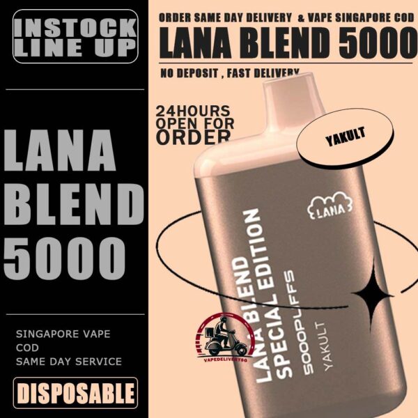 LANA BLEND EDITION 5000 DISPOSABLE - VAPE DELIVERY SG SINGAPORE Lana Blend Edition 5000 Disposable Tie Guan Yin Vape is a compact and stylish disposable vape kit that offers a convenient and satisfying vaping experince,it is perfect for those who prefer a simple yet stylish look. One of the standout features of the Lanabar 5000 is its flavour optiones. The device offers a range of flavours to choose from, each with its own unique taste profile. The flavours are well-balanced do not contain any harsh or irritant ingredients, making for a smooth and enjoyable vaping exprience. whether you prefer sweet, fruity or menthol flavors, the lanabar 5000 has something for everyone. Another advantage of the lanabar 5000 is its size and portability. Specifications : Puff : 5000 Puffs Nicotine : 3% Capacity : 13ml Battery : 850mAh Charging : Rechargeable with Type C ⚠️LANA BLEND SPECIAL 5000 FLAVOUR LINE UP⚠️ Aloe Yogurt Mango Peach Ice Strawberry Mango Ice Grape Apple Ice Grape Honey Grape Bubblegum Double Mint Chrysanthemum Tea Ice Lemon Tea Sea Salt Lemon Tie Guan Yin Yakult Watermelon Bubblegum Honeydew Watermelon Pomelo White Tea SG VAPE COD SAME DAY DELIVERY , CASH ON DELIVERY ONLY. TAKE BULK ORDER /MORE ORDER PLS CONTACT ME : VAPEDELIVERYSG VIEW OUR DAILY NEWS INFORMATION VAPE : TELEGRAM CHANNEL