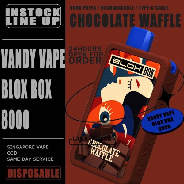 VANDY VAPE BLOX BOX 8000 / 8K DISPOSABLE The VANDY VAPE BLOX BOX 8000 / 8K DISPOSABLE in our Vape Singapore – LanaVapeSg Ready Stock on sale , Get it now with us and same day delivery . Specification : Approx.8000 Puffs Rechargeable Battery Charging Port: Type-C ⚠️VANDY VAPE BLOX BOX 8000 DISPOSABLE FLAVOUR⚠️ Chocolate Waffle Mango Ice Passion Fruit Syrup Bandung Solero Ice Cream Watermelon Ice Taro Ice Cream Movie Popcorn Peanut Butter Strawberry SG VAPE COD SAME DAY DELIVERY , CASH ON DELIVERY ONLY. ORDER BEFORE 5PM , SAME DAY NIGHT SLOT 7PM – 10PM RECEIVED PARCEL. TAKE BULK ORDER /MORE ORDER PLS CONTACT US : LANAVAPESG WHATSAPP VIEW OUR DAILY NEWS INFORMATION VAPE : LANAVAPESG CHANNEL
