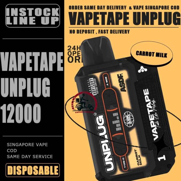 VAPETAPE UNPLUG 12000 DISPOSABLE STARTER KIT & CARTRIDGE POD - VAPE DELIVERY SG SINGAPORE The VAPETAPE UNPLUG 12000 DISPOSABLE in our Vape Singapore Shop Ready stock , Get it now with us and same day delivery ! The Vapetape Unplug 12K by ASDF , provides an excellent vaping experience with a 12,000 puffs capacity. For ease of use and diversity, this disposable system combines with a 5% nicotine context and type C charghing port. Its creative design prioritises portability and ease of use while offering a fulfilling vaping experience. Users looking for a longer lasting choice without the inconvenience of refills or recharges may enjoy a customisable and controlled vaping experience with this device’s features including adjustable airflow and a battery indicator. Specification: Puffs : 12000 puffs Volume : 21ML Flavour Charging : Rechargeable with Type C Coil : Mesh Coil Fully Charged Time : 25mins Nicotine Strength : 5% ⚠️VAPETAPE UNPLUG 12K STARTER KIT & CARTRIDGE POD FLAVOUR LINE UP⚠️ Apple Lychee Berries Yogurt Blackcurrant Berries Blackcurrant Bubblegum Blackcurrant Yogurt Butter Popcorn Carrot Milk Choco Mint Candy Double Grape Grape Aloe Grape Pear Guava Melon Hazelnut Coffee Honeydew Bubblegum Honeydew Slurpee Kiwi Mango Watermelon Mango Pineapple Mango Slurpee Orange Mango Guava Peach Strawberry Pineapple Apple Rybena Lychee Solero Tropical Strawberry Grapple Watermelon Bubblegum SG VAPE COD SAME DAY DELIVERY , CASH ON DELIVERY ONLY. TAKE BULK ORDER /MORE ORDER PLS CONTACT ME : VAPEDELIVERYSG VIEW OUR DAILY NEWS INFORMATION VAPE : TELEGRAM CHANNEL