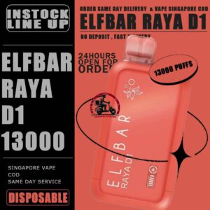 ELFBAR RAYA D1 13000 DISPOSABLE - VAPE DELIVERY SG SINGAPORE The Elfbar D1 Raya 13k with 13000 puffs is a cutting-edge disposable pod device designed for an extended and satisfying vaping experience . Boasting an impressive puff capacity , this device delivers a long-lasting and flavorful journey . With its innovative technology , Elfbar ensures a hassle-free and convenient vaping solution. The Raya D1 variant offers a delightful blend of watermelon and honeydew flavours , Providing a refershing and enjoyable taste profile . Ideal for user seeking a high-puff option , the Elfbar D1 Raya promises an immersive vaping session with every draw . Moreover, it featuring a screen display that will provide you with information about battery power and the remaining liquid level in your RAYA D1! Specification : Approx. 13000 Puffs Capacity 18ml Rechargeable Battery 650mAh Anti Dry-Burn Protection E-liquid & Power Display Screen Charging Port: Type-C ⚠️ELFBAR RAYA D1 13000 FLAVOUR LINE UP⚠️ Apple Orange Bubblegum Kiwi Guava Grape Mango Lychee Bubblegum Mango Strawberry Ice Cream Peach Lychee Blackcurrant Ribena Lychee Solero Strawberry Guava Lychee Juicy Peach Cola Masam Bubblegum Mix Berries Sour Bubblegum Mango King Strawberry Melon Funta Grape Kopi O Kaw Grape Slurpee Strawberry Cake Mango Guava SG VAPE COD SAME DAY DELIVERY , CASH ON DELIVERY ONLY. TAKE BULK ORDER /MORE ORDER PLS CONTACT ME : VAPEDELIVERYSG VIEW OUR DAILY NEWS INFORMATION VAPE : TELEGRAM CHANNEL