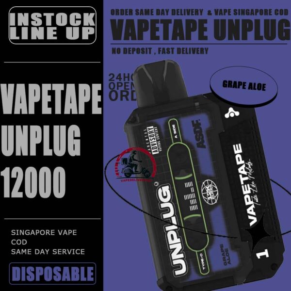 VAPETAPE UNPLUG 12000 DISPOSABLE STARTER KIT & CARTRIDGE POD - VAPE DELIVERY SG SINGAPORE The VAPETAPE UNPLUG 12000 DISPOSABLE in our Vape Singapore Shop Ready stock , Get it now with us and same day delivery ! The Vapetape Unplug 12K by ASDF , provides an excellent vaping experience with a 12,000 puffs capacity. For ease of use and diversity, this disposable system combines with a 5% nicotine context and type C charghing port. Its creative design prioritises portability and ease of use while offering a fulfilling vaping experience. Users looking for a longer lasting choice without the inconvenience of refills or recharges may enjoy a customisable and controlled vaping experience with this device’s features including adjustable airflow and a battery indicator. Specification: Puffs : 12000 puffs Volume : 21ML Flavour Charging : Rechargeable with Type C Coil : Mesh Coil Fully Charged Time : 25mins Nicotine Strength : 5% ⚠️VAPETAPE UNPLUG 12K STARTER KIT & CARTRIDGE POD FLAVOUR LINE UP⚠️ Apple Lychee Berries Yogurt Blackcurrant Berries Blackcurrant Bubblegum Blackcurrant Yogurt Butter Popcorn Carrot Milk Choco Mint Candy Double Grape Grape Aloe Grape Pear Guava Melon Hazelnut Coffee Honeydew Bubblegum Honeydew Slurpee Kiwi Mango Watermelon Mango Pineapple Mango Slurpee Orange Mango Guava Peach Strawberry Pineapple Apple Rybena Lychee Solero Tropical Strawberry Grapple Watermelon Bubblegum SG VAPE COD SAME DAY DELIVERY , CASH ON DELIVERY ONLY. TAKE BULK ORDER /MORE ORDER PLS CONTACT ME : VAPEDELIVERYSG VIEW OUR DAILY NEWS INFORMATION VAPE : TELEGRAM CHANNEL