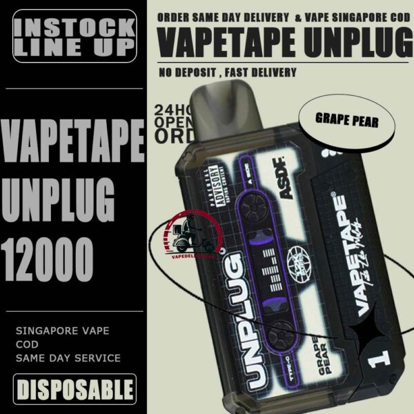 VAPETAPE UNPLUG 12000 DISPOSABLE STARTER KIT & CARTRIDGE POD - VAPE DELIVERY SG SINGAPORE The VAPETAPE UNPLUG 12000 DISPOSABLE in our Vape Singapore Shop Ready stock , Get it now with us and same day delivery ! The Vapetape Unplug 12K by ASDF , provides an excellent vaping experience with a 12,000 puffs capacity. For ease of use and diversity, this disposable system combines with a 5% nicotine context and type C charghing port. Its creative design prioritises portability and ease of use while offering a fulfilling vaping experience. Users looking for a longer lasting choice without the inconvenience of refills or recharges may enjoy a customisable and controlled vaping experience with this device’s features including adjustable airflow and a battery indicator. Specification: Puffs : 12000 puffs Volume : 21ML Flavour Charging : Rechargeable with Type C Coil : Mesh Coil Fully Charged Time : 25mins Nicotine Strength : 5% ⚠️VAPETAPE UNPLUG 12K STARTER KIT & CARTRIDGE POD FLAVOUR LINE UP⚠️ Apple Lychee Berries Yogurt Blackcurrant Berries Blackcurrant Bubblegum Blackcurrant Yogurt Butter Popcorn Carrot Milk Choco Mint Candy Double Grape Grape Aloe Grape Pear Guava Melon Hazelnut Coffee Honeydew Bubblegum Honeydew Slurpee Kiwi Mango Watermelon Mango Pineapple Mango Slurpee Orange Mango Guava Peach Strawberry Pineapple Apple Rybena Lychee Solero Tropical Strawberry Grapple Watermelon Bubblegum SG VAPE COD SAME DAY DELIVERY , CASH ON DELIVERY ONLY. TAKE BULK ORDER /MORE ORDER PLS CONTACT ME : VAPEDELIVERYSG VIEW OUR DAILY NEWS INFORMATION VAPE : TELEGRAM CHANNEL