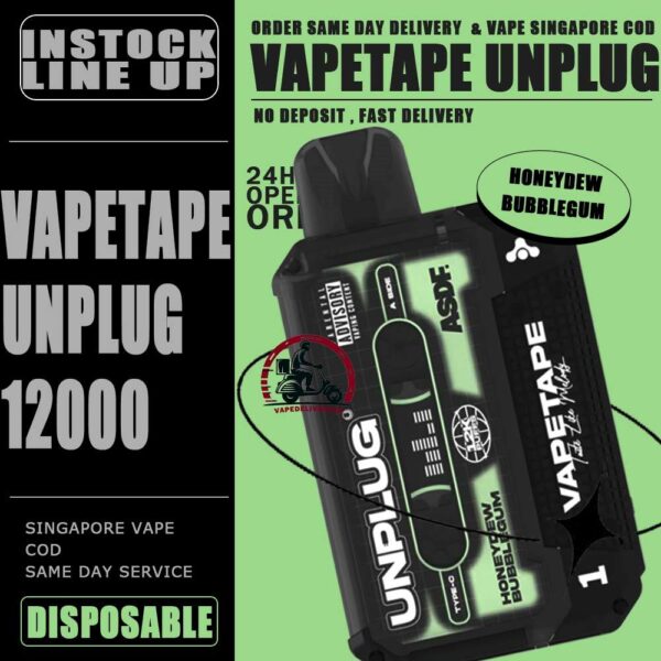 VAPETAPE UNPLUG 12000 DISPOSABLE STARTER KIT & CARTRIDGE POD - VAPE DELIVERY SG SINGAPORE The VAPETAPE UNPLUG 12000 DISPOSABLE in our Vape Singapore Shop Ready stock , Get it now with us and same day delivery ! The Vapetape Unplug 12K by ASDF , provides an excellent vaping experience with a 12,000 puffs capacity. For ease of use and diversity, this disposable system combines with a 5% nicotine context and type C charghing port. Its creative design prioritises portability and ease of use while offering a fulfilling vaping experience. Users looking for a longer lasting choice without the inconvenience of refills or recharges may enjoy a customisable and controlled vaping experience with this device’s features including adjustable airflow and a battery indicator. Specification: Puffs : 12000 puffs Volume : 21ML Flavour Charging : Rechargeable with Type C Coil : Mesh Coil Fully Charged Time : 25mins Nicotine Strength : 5% ⚠️VAPETAPE UNPLUG 12K STARTER KIT & CARTRIDGE POD FLAVOUR LINE UP⚠️ Apple Lychee Berries Yogurt Blackcurrant Berries Blackcurrant Bubblegum Blackcurrant Yogurt Butter Popcorn Carrot Milk Choco Mint Candy Double Grape Grape Aloe Grape Pear Guava Melon Hazelnut Coffee Honeydew Bubblegum Honeydew Slurpee Kiwi Mango Watermelon Mango Pineapple Mango Slurpee Orange Mango Guava Peach Strawberry Pineapple Apple Rybena Lychee Solero Tropical Strawberry Grapple Watermelon Bubblegum SG VAPE COD SAME DAY DELIVERY , CASH ON DELIVERY ONLY. TAKE BULK ORDER /MORE ORDER PLS CONTACT ME : VAPEDELIVERYSG VIEW OUR DAILY NEWS INFORMATION VAPE : TELEGRAM CHANNEL