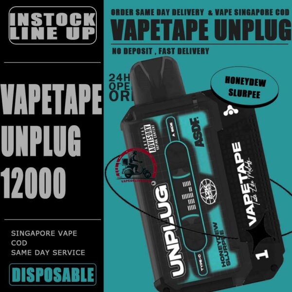 VAPETAPE UNPLUG 12000 DISPOSABLE STARTER KIT & CARTRIDGE POD - VAPE DELIVERY SG SINGAPORE The VAPETAPE UNPLUG 12000 DISPOSABLE in our Vape Singapore Shop Ready stock , Get it now with us and same day delivery ! The Vapetape Unplug 12K by ASDF , provides an excellent vaping experience with a 12,000 puffs capacity. For ease of use and diversity, this disposable system combines with a 5% nicotine context and type C charghing port. Its creative design prioritises portability and ease of use while offering a fulfilling vaping experience. Users looking for a longer lasting choice without the inconvenience of refills or recharges may enjoy a customisable and controlled vaping experience with this device’s features including adjustable airflow and a battery indicator. Specification: Puffs : 12000 puffs Volume : 21ML Flavour Charging : Rechargeable with Type C Coil : Mesh Coil Fully Charged Time : 25mins Nicotine Strength : 5% ⚠️VAPETAPE UNPLUG 12K STARTER KIT & CARTRIDGE POD FLAVOUR LINE UP⚠️ Apple Lychee Berries Yogurt Blackcurrant Berries Blackcurrant Bubblegum Blackcurrant Yogurt Butter Popcorn Carrot Milk Choco Mint Candy Double Grape Grape Aloe Grape Pear Guava Melon Hazelnut Coffee Honeydew Bubblegum Honeydew Slurpee Kiwi Mango Watermelon Mango Pineapple Mango Slurpee Orange Mango Guava Peach Strawberry Pineapple Apple Rybena Lychee Solero Tropical Strawberry Grapple Watermelon Bubblegum SG VAPE COD SAME DAY DELIVERY , CASH ON DELIVERY ONLY. TAKE BULK ORDER /MORE ORDER PLS CONTACT ME : VAPEDELIVERYSG VIEW OUR DAILY NEWS INFORMATION VAPE : TELEGRAM CHANNEL