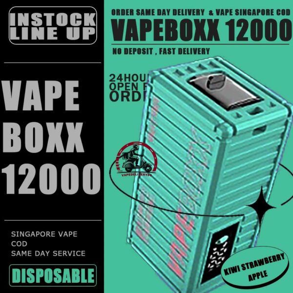 VAPEBOXX 12000 DISPOSABLE - VAPE DELIVERY SG SINGAPORE The VAPEBOXX 12000 Puffs disposable box from VAULT VAPE is an innovative addition to the vaping market, offering an impressive puff capacity of 12,000 hits with a 5% nicotine concentration. Overall, the VAPEBOXX 12000 Puffs disposable box appears to combine a high puff count with several user-friendly features, making it an appealing choice for vapers seeking convenience, performance, and customization options. Specifition : Smart Screen Display Hidden Foldable TIP Explosive Cloud Adjustable Airflow Convenient Landyard Compatible ⚠️VAPEBOXX 12000 DISPOSABLE FLAVOUR LIST⚠️ Hazelnut Coffee Honeydew Melon Gummy Bear Grape Yogurt Double Mango Solero Ice Cream Energy Bull Strawberry Ice Cream Grape Apple Mixed Fruits Sour Bubblegum Original Yakult Grape Sparkling Green Apple Sparkling Lychee Sparkling Blackcurrant Grape Watermelon Bubblegum Kiwi Strawberry Apple American Oat Energy Drink Freezy Grape Grapple Lychee Ice Mango Ice Mineral Water Pineapple Sparkling Cola Strawberry Ice Watermelon Ice SG VAPE COD SAME DAY DELIVERY , CASH ON DELIVERY ONLY. TAKE BULK ORDER /MORE ORDER PLS CONTACT ME : VAPEDELIVERYSG VIEW OUR DAILY NEWS INFORMATION VAPE : TELEGRAM CHANNEL