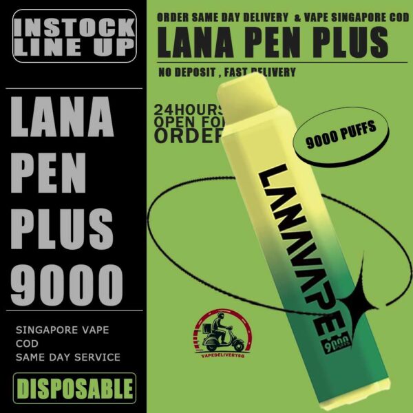 LANA PEN PLUS 9000 / 9K PUFFS DISPOSABLE - VAPE DELIVERY SG SINGAPORE The Lana Pen Plus 9000 Puffs disposable vape is cool design and it is rechargeable. It contains nicotine salt e-juice and vapes up to 9k puffs , There are many flavours for you to choose from. The Lana Pen Plus 9k rechargeable port at the bottom of the device guarantees you finish the last drop of the e-juice in the tank every time, it is welcome by many vapers due to the vaping taste and the appearance, the LED Flash will change color when vaping, looks cool too. Specifition : 9000 Puffs E-Liquid Capacity: 15ml Battery Capacity: 650mAh 3% Nicotine Rechargeable: USB Type-C charger LED Flashing Light ⚠️LANA PEN PLUS 9000 FLAVOUR LINE UP⚠️ Cantaloupe (Honeydew) Passion Fruit Grape Lychee Strawberry Milk Watermelon Apple Mixed Fruit Blue Raspberry Pomegranate Taro Ice Cream Frozen Bubblegum Frozen Strawberry Kiwi Frozen Lychee Frozen Grape Frozen Sea Salt Lemon Frozen Passion Fruit Frozen Super Mint Frozen Strawberry Watermelon Frozen Watermelon Frozen Tie Guan Yin Pomelo Blackcurrant Mint Mango Peach Kiwi Passion Guava Mint Frozen Coconut Juice (New) Frozen Grapefruit Jasmine (New) Chocolate Mint (New) Mango Dragon Fruit Avocado Milkshake (New) SG VAPE COD SAME DAY DELIVERY , CASH ON DELIVERY ONLY. TAKE BULK ORDER /MORE ORDER PLS CONTACT ME : VAPEDELIVERYSG VIEW OUR DAILY NEWS INFORMATION VAPE : TELEGRAM CHANNEL