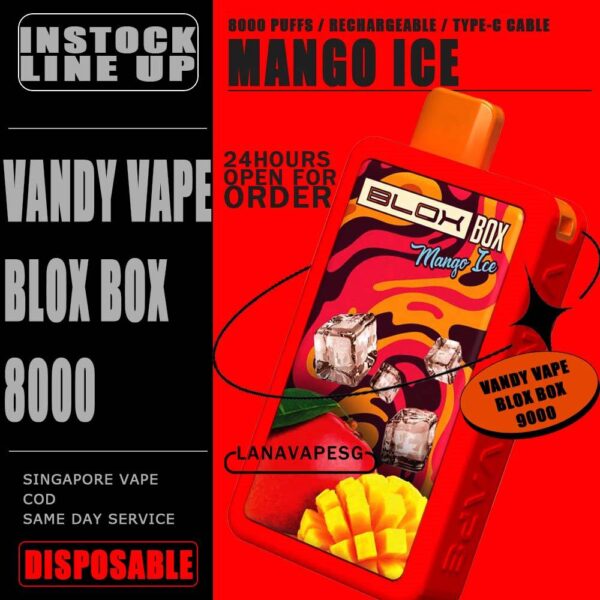VANDY VAPE BLOX BOX 8000 / 8K DISPOSABLE The VANDY VAPE BLOX BOX 8000 / 8K DISPOSABLE in our Vape Singapore – LanaVapeSg Ready Stock on sale , Get it now with us and same day delivery . Specification : Approx.8000 Puffs Rechargeable Battery Charging Port: Type-C ⚠️VANDY VAPE BLOX BOX 8000 DISPOSABLE FLAVOUR⚠️ Chocolate Waffle Mango Ice Passion Fruit Syrup Bandung Solero Ice Cream Watermelon Ice Taro Ice Cream Movie Popcorn Peanut Butter Strawberry SG VAPE COD SAME DAY DELIVERY , CASH ON DELIVERY ONLY. ORDER BEFORE 5PM , SAME DAY NIGHT SLOT 7PM – 10PM RECEIVED PARCEL. TAKE BULK ORDER /MORE ORDER PLS CONTACT US : LANAVAPESG WHATSAPP VIEW OUR DAILY NEWS INFORMATION VAPE : LANAVAPESG CHANNEL