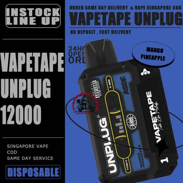 VAPETAPE UNPLUG 12000 DISPOSABLE STARTER KIT & CARTRIDGE POD - VAPE DELIVERY SG SINGAPORE The VAPETAPE UNPLUG 12000 DISPOSABLE in our Vape Singapore Shop Ready stock , Get it now with us and same day delivery ! The Vapetape Unplug 12K by ASDF , provides an excellent vaping experience with a 12,000 puffs capacity. For ease of use and diversity, this disposable system combines with a 5% nicotine context and type C charghing port. Its creative design prioritises portability and ease of use while offering a fulfilling vaping experience. Users looking for a longer lasting choice without the inconvenience of refills or recharges may enjoy a customisable and controlled vaping experience with this device’s features including adjustable airflow and a battery indicator. Specification: Puffs : 12000 puffs Volume : 21ML Flavour Charging : Rechargeable with Type C Coil : Mesh Coil Fully Charged Time : 25mins Nicotine Strength : 5% ⚠️VAPETAPE UNPLUG 12K STARTER KIT & CARTRIDGE POD FLAVOUR LINE UP⚠️ Apple Lychee Berries Yogurt Blackcurrant Berries Blackcurrant Bubblegum Blackcurrant Yogurt Butter Popcorn Carrot Milk Choco Mint Candy Double Grape Grape Aloe Grape Pear Guava Melon Hazelnut Coffee Honeydew Bubblegum Honeydew Slurpee Kiwi Mango Watermelon Mango Pineapple Mango Slurpee Orange Mango Guava Peach Strawberry Pineapple Apple Rybena Lychee Solero Tropical Strawberry Grapple Watermelon Bubblegum SG VAPE COD SAME DAY DELIVERY , CASH ON DELIVERY ONLY. TAKE BULK ORDER /MORE ORDER PLS CONTACT ME : VAPEDELIVERYSG VIEW OUR DAILY NEWS INFORMATION VAPE : TELEGRAM CHANNEL