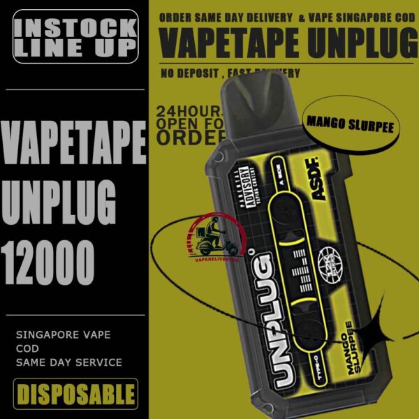 VAPETAPE UNPLUG 12000 DISPOSABLE STARTER KIT & CARTRIDGE POD - VAPE DELIVERY SG SINGAPORE The VAPETAPE UNPLUG 12000 DISPOSABLE in our Vape Singapore Shop Ready stock , Get it now with us and same day delivery ! The Vapetape Unplug 12K by ASDF , provides an excellent vaping experience with a 12,000 puffs capacity. For ease of use and diversity, this disposable system combines with a 5% nicotine context and type C charghing port. Its creative design prioritises portability and ease of use while offering a fulfilling vaping experience. Users looking for a longer lasting choice without the inconvenience of refills or recharges may enjoy a customisable and controlled vaping experience with this device’s features including adjustable airflow and a battery indicator. Specification: Puffs : 12000 puffs Volume : 21ML Flavour Charging : Rechargeable with Type C Coil : Mesh Coil Fully Charged Time : 25mins Nicotine Strength : 5% ⚠️VAPETAPE UNPLUG 12K STARTER KIT & CARTRIDGE POD FLAVOUR LINE UP⚠️ Apple Lychee Berries Yogurt Blackcurrant Berries Blackcurrant Bubblegum Blackcurrant Yogurt Butter Popcorn Carrot Milk Choco Mint Candy Double Grape Grape Aloe Grape Pear Guava Melon Hazelnut Coffee Honeydew Bubblegum Honeydew Slurpee Kiwi Mango Watermelon Mango Pineapple Mango Slurpee Orange Mango Guava Peach Strawberry Pineapple Apple Rybena Lychee Solero Tropical Strawberry Grapple Watermelon Bubblegum SG VAPE COD SAME DAY DELIVERY , CASH ON DELIVERY ONLY. TAKE BULK ORDER /MORE ORDER PLS CONTACT ME : VAPEDELIVERYSG VIEW OUR DAILY NEWS INFORMATION VAPE : TELEGRAM CHANNEL