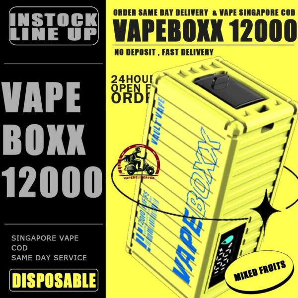 VAPEBOXX 12000 DISPOSABLE - VAPE DELIVERY SG SINGAPORE The VAPEBOXX 12000 Puffs disposable box from VAULT VAPE is an innovative addition to the vaping market, offering an impressive puff capacity of 12,000 hits with a 5% nicotine concentration. Overall, the VAPEBOXX 12000 Puffs disposable box appears to combine a high puff count with several user-friendly features, making it an appealing choice for vapers seeking convenience, performance, and customization options. Specifition : Smart Screen Display Hidden Foldable TIP Explosive Cloud Adjustable Airflow Convenient Landyard Compatible ⚠️VAPEBOXX 12000 DISPOSABLE FLAVOUR LIST⚠️ Hazelnut Coffee Honeydew Melon Gummy Bear Grape Yogurt Double Mango Solero Ice Cream Energy Bull Strawberry Ice Cream Grape Apple Mixed Fruits Sour Bubblegum Original Yakult Grape Sparkling Green Apple Sparkling Lychee Sparkling Blackcurrant Grape Watermelon Bubblegum Kiwi Strawberry Apple American Oat Energy Drink Freezy Grape Grapple Lychee Ice Mango Ice Mineral Water Pineapple Sparkling Cola Strawberry Ice Watermelon Ice SG VAPE COD SAME DAY DELIVERY , CASH ON DELIVERY ONLY. TAKE BULK ORDER /MORE ORDER PLS CONTACT ME : VAPEDELIVERYSG VIEW OUR DAILY NEWS INFORMATION VAPE : TELEGRAM CHANNEL