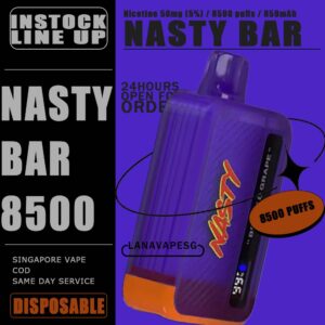 NASTY BAR 8500 / 8.5K DISPOSABLE The NASTY BAR 8500 / 8.5k DISPOSABLE in our Vape Singapore - LANAVAPESG Ready stock on sale , Get it now with us and same day delivery ! Specification : Nicotine 50mg (5%) Approx. 8500 Puff Capacity 17ml Rechargeable Battery 650mAh E-liquid and Battery Display Screen Charging Port: Type-C ⚠️NASTY BAR 8500 DISPOSABLE FLAVOUR⚠️ Aloe Grape Berry & Grape Double Grape Juicy Peach Kiwi Passion Fruit Guava Pineapple Ice Strawberry Ice Triple Mango Watermelon Ice SG VAPE COD SAME DAY DELIVERY , CASH ON DELIVERY ONLY. ORDER BEFORE 5PM , SAME DAY NIGHT SLOT 7PM – 10PM RECEIVED PARCEL. TAKE BULK ORDER /MORE ORDER PLS CONTACT US : LANAVAPESG WHATSAPP VIEW OUR DAILY NEWS INFORMATION VAPE : LANAVAPESG CHANNEL
