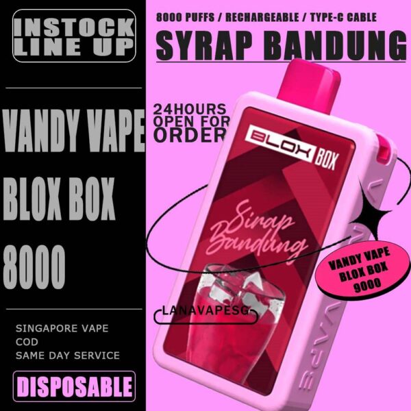 VANDY VAPE BLOX BOX 8000 / 8K DISPOSABLE The VANDY VAPE BLOX BOX 8000 / 8K DISPOSABLE in our Vape Singapore – LanaVapeSg Ready Stock on sale , Get it now with us and same day delivery . Specification : Approx.8000 Puffs Rechargeable Battery Charging Port: Type-C ⚠️VANDY VAPE BLOX BOX 8000 DISPOSABLE FLAVOUR⚠️ Chocolate Waffle Mango Ice Passion Fruit Syrup Bandung Solero Ice Cream Watermelon Ice Taro Ice Cream Movie Popcorn Peanut Butter Strawberry SG VAPE COD SAME DAY DELIVERY , CASH ON DELIVERY ONLY. ORDER BEFORE 5PM , SAME DAY NIGHT SLOT 7PM – 10PM RECEIVED PARCEL. TAKE BULK ORDER /MORE ORDER PLS CONTACT US : LANAVAPESG WHATSAPP VIEW OUR DAILY NEWS INFORMATION VAPE : LANAVAPESG CHANNEL