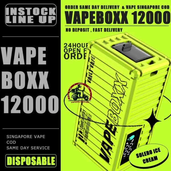 VAPEBOXX 12000 DISPOSABLE - VAPE DELIVERY SG SINGAPORE The VAPEBOXX 12000 Puffs disposable box from VAULT VAPE is an innovative addition to the vaping market, offering an impressive puff capacity of 12,000 hits with a 5% nicotine concentration. Overall, the VAPEBOXX 12000 Puffs disposable box appears to combine a high puff count with several user-friendly features, making it an appealing choice for vapers seeking convenience, performance, and customization options. Specifition : Smart Screen Display Hidden Foldable TIP Explosive Cloud Adjustable Airflow Convenient Landyard Compatible ⚠️VAPEBOXX 12000 DISPOSABLE FLAVOUR LIST⚠️ Hazelnut Coffee Honeydew Melon Gummy Bear Grape Yogurt Double Mango Solero Ice Cream Energy Bull Strawberry Ice Cream Grape Apple Mixed Fruits Sour Bubblegum Original Yakult Grape Sparkling Green Apple Sparkling Lychee Sparkling Blackcurrant Grape Watermelon Bubblegum Kiwi Strawberry Apple American Oat Energy Drink Freezy Grape Grapple Lychee Ice Mango Ice Mineral Water Pineapple Sparkling Cola Strawberry Ice Watermelon Ice SG VAPE COD SAME DAY DELIVERY , CASH ON DELIVERY ONLY. TAKE BULK ORDER /MORE ORDER PLS CONTACT ME : VAPEDELIVERYSG VIEW OUR DAILY NEWS INFORMATION VAPE : TELEGRAM CHANNEL