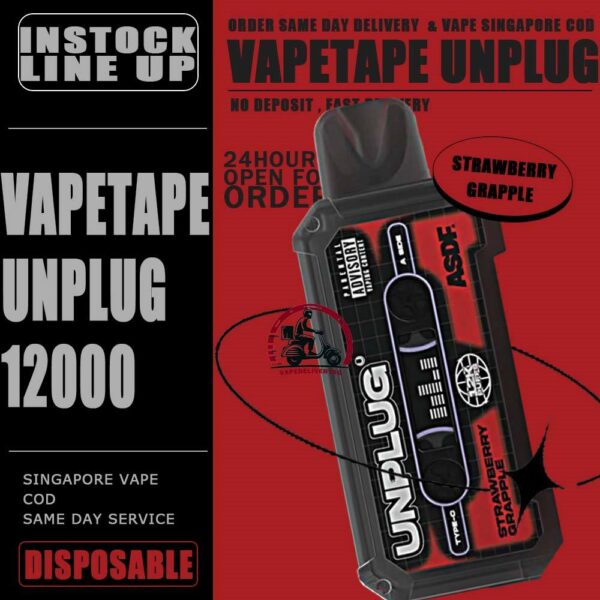 VAPETAPE UNPLUG 12000 DISPOSABLE STARTER KIT & CARTRIDGE POD - VAPE DELIVERY SG SINGAPORE The VAPETAPE UNPLUG 12000 DISPOSABLE in our Vape Singapore Shop Ready stock , Get it now with us and same day delivery ! The Vapetape Unplug 12K by ASDF , provides an excellent vaping experience with a 12,000 puffs capacity. For ease of use and diversity, this disposable system combines with a 5% nicotine context and type C charghing port. Its creative design prioritises portability and ease of use while offering a fulfilling vaping experience. Users looking for a longer lasting choice without the inconvenience of refills or recharges may enjoy a customisable and controlled vaping experience with this device’s features including adjustable airflow and a battery indicator. Specification: Puffs : 12000 puffs Volume : 21ML Flavour Charging : Rechargeable with Type C Coil : Mesh Coil Fully Charged Time : 25mins Nicotine Strength : 5% ⚠️VAPETAPE UNPLUG 12K STARTER KIT & CARTRIDGE POD FLAVOUR LINE UP⚠️ Apple Lychee Berries Yogurt Blackcurrant Berries Blackcurrant Bubblegum Blackcurrant Yogurt Butter Popcorn Carrot Milk Choco Mint Candy Double Grape Grape Aloe Grape Pear Guava Melon Hazelnut Coffee Honeydew Bubblegum Honeydew Slurpee Kiwi Mango Watermelon Mango Pineapple Mango Slurpee Orange Mango Guava Peach Strawberry Pineapple Apple Rybena Lychee Solero Tropical Strawberry Grapple Watermelon Bubblegum SG VAPE COD SAME DAY DELIVERY , CASH ON DELIVERY ONLY. TAKE BULK ORDER /MORE ORDER PLS CONTACT ME : VAPEDELIVERYSG VIEW OUR DAILY NEWS INFORMATION VAPE : TELEGRAM CHANNEL