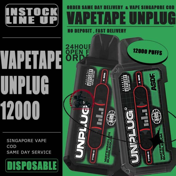 VAPETAPE UNPLUG 12000 DISPOSABLE STARTER KIT & CARTRIDGE POD - VAPE DELIVERY SG SINGAPORE The VAPETAPE UNPLUG 12000 DISPOSABLE in our Vape Singapore Shop Ready stock , Get it now with us and same day delivery ! The Vapetape Unplug 12K by ASDF , provides an excellent vaping experience with a 12,000 puffs capacity. For ease of use and diversity, this disposable system combines with a 5% nicotine context and type C charghing port. Its creative design prioritises portability and ease of use while offering a fulfilling vaping experience. Users looking for a longer lasting choice without the inconvenience of refills or recharges may enjoy a customisable and controlled vaping experience with this device’s features including adjustable airflow and a battery indicator. STARTER KIT Package Include : X1 VAPETAPE UNPLUG 12k Device Battery X1 Prefilled Pod 12k Puffs CARTRIDGE Package Include : X1 Prefilled Pod 12k Puffs Specification: Puffs : 12000 puffs Volume : 21ML Flavour Charging : Rechargeable with Type C Coil : Mesh Coil Fully Charged Time : 25mins Nicotine Strength : 5% ⚠️VAPETAPE UNPLUG 12K STARTER KIT & CARTRIDGE POD FLAVOUR LINE UP⚠️ Apple Lychee Berries Yogurt Blackcurrant Berries Blackcurrant Bubblegum Blackcurrant Yogurt Butter Popcorn Carrot Milk Choco Mint Candy Double Grape Grape Aloe Grape Pear Guava Melon Hazelnut Coffee Honeydew Bubblegum Honeydew Slurpee Kiwi Mango Watermelon Mango Pineapple Mango Slurpee Orange Mango Guava Peach Strawberry Pineapple Apple Rybena Lychee Solero Tropical Strawberry Grapple Watermelon Bubblegum SG VAPE COD SAME DAY DELIVERY , CASH ON DELIVERY ONLY. TAKE BULK ORDER /MORE ORDER PLS CONTACT ME : VAPEDELIVERYSG VIEW OUR DAILY NEWS INFORMATION VAPE : TELEGRAM CHANNEL