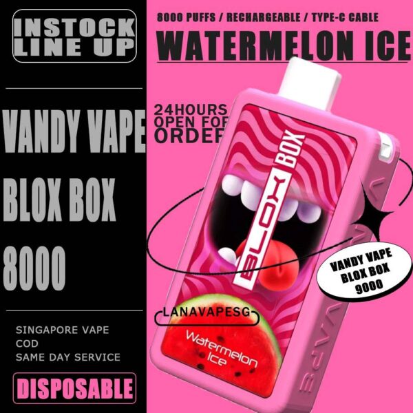 VANDY VAPE BLOX BOX 8000 / 8K DISPOSABLE The VANDY VAPE BLOX BOX 8000 / 8K DISPOSABLE in our Vape Singapore – LanaVapeSg Ready Stock on sale , Get it now with us and same day delivery . Specification : Approx.8000 Puffs Rechargeable Battery Charging Port: Type-C ⚠️VANDY VAPE BLOX BOX 8000 DISPOSABLE FLAVOUR⚠️ Chocolate Waffle Mango Ice Passion Fruit Syrup Bandung Solero Ice Cream Watermelon Ice Taro Ice Cream Movie Popcorn Peanut Butter Strawberry SG VAPE COD SAME DAY DELIVERY , CASH ON DELIVERY ONLY. ORDER BEFORE 5PM , SAME DAY NIGHT SLOT 7PM – 10PM RECEIVED PARCEL. TAKE BULK ORDER /MORE ORDER PLS CONTACT US : LANAVAPESG WHATSAPP VIEW OUR DAILY NEWS INFORMATION VAPE : LANAVAPESG CHANNEL