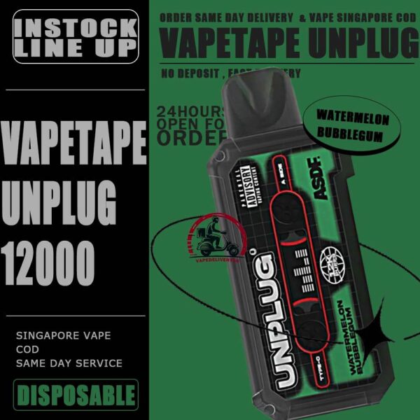 VAPETAPE UNPLUG 12000 DISPOSABLE STARTER KIT & CARTRIDGE POD - VAPE DELIVERY SG SINGAPORE The VAPETAPE UNPLUG 12000 DISPOSABLE in our Vape Singapore Shop Ready stock , Get it now with us and same day delivery ! The Vapetape Unplug 12K by ASDF , provides an excellent vaping experience with a 12,000 puffs capacity. For ease of use and diversity, this disposable system combines with a 5% nicotine context and type C charghing port. Its creative design prioritises portability and ease of use while offering a fulfilling vaping experience. Users looking for a longer lasting choice without the inconvenience of refills or recharges may enjoy a customisable and controlled vaping experience with this device’s features including adjustable airflow and a battery indicator. Specification: Puffs : 12000 puffs Volume : 21ML Flavour Charging : Rechargeable with Type C Coil : Mesh Coil Fully Charged Time : 25mins Nicotine Strength : 5% ⚠️VAPETAPE UNPLUG 12K STARTER KIT & CARTRIDGE POD FLAVOUR LINE UP⚠️ Apple Lychee Berries Yogurt Blackcurrant Berries Blackcurrant Bubblegum Blackcurrant Yogurt Butter Popcorn Carrot Milk Choco Mint Candy Double Grape Grape Aloe Grape Pear Guava Melon Hazelnut Coffee Honeydew Bubblegum Honeydew Slurpee Kiwi Mango Watermelon Mango Pineapple Mango Slurpee Orange Mango Guava Peach Strawberry Pineapple Apple Rybena Lychee Solero Tropical Strawberry Grapple Watermelon Bubblegum SG VAPE COD SAME DAY DELIVERY , CASH ON DELIVERY ONLY. TAKE BULK ORDER /MORE ORDER PLS CONTACT ME : VAPEDELIVERYSG VIEW OUR DAILY NEWS INFORMATION VAPE : TELEGRAM CHANNEL