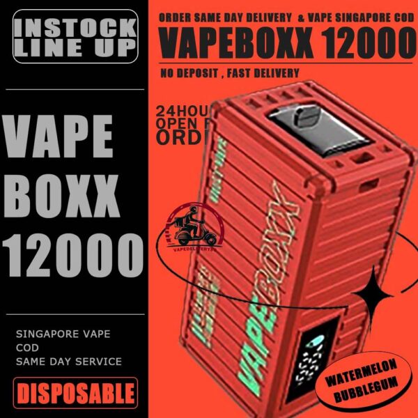 VAPEBOXX 12000 DISPOSABLE - VAPE DELIVERY SG SINGAPORE The VAPEBOXX 12000 Puffs disposable box from VAULT VAPE is an innovative addition to the vaping market, offering an impressive puff capacity of 12,000 hits with a 5% nicotine concentration. Overall, the VAPEBOXX 12000 Puffs disposable box appears to combine a high puff count with several user-friendly features, making it an appealing choice for vapers seeking convenience, performance, and customization options. Specifition : Smart Screen Display Hidden Foldable TIP Explosive Cloud Adjustable Airflow Convenient Landyard Compatible ⚠️VAPEBOXX 12000 DISPOSABLE FLAVOUR LIST⚠️ Hazelnut Coffee Honeydew Melon Gummy Bear Grape Yogurt Double Mango Solero Ice Cream Energy Bull Strawberry Ice Cream Grape Apple Mixed Fruits Sour Bubblegum Original Yakult Grape Sparkling Green Apple Sparkling Lychee Sparkling Blackcurrant Grape Watermelon Bubblegum Kiwi Strawberry Apple American Oat Energy Drink Freezy Grape Grapple Lychee Ice Mango Ice Mineral Water Pineapple Sparkling Cola Strawberry Ice Watermelon Ice SG VAPE COD SAME DAY DELIVERY , CASH ON DELIVERY ONLY. TAKE BULK ORDER /MORE ORDER PLS CONTACT ME : VAPEDELIVERYSG VIEW OUR DAILY NEWS INFORMATION VAPE : TELEGRAM CHANNEL