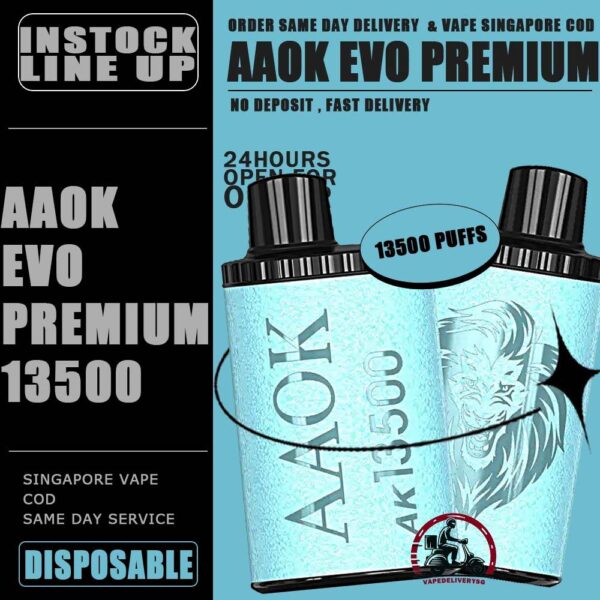 AAOK EVO PREMIUM 13500 DISPOSABLE - VAPE DELIVERY SG SINGAPORE Experience the forefront of vaping innovation with the AAOK AK EVO PREMIUM 13500 Puffs Vape Ready stock in our sg singapore store online shop for same day delivery! An replacement for AAOK 13.5k Puffs. It design with same feature as a freebase e-juice disposable. But in this latest version it has bigger volume and stronger airflow to produce larger vapor clouds! Engineered to generate expansive clouds, this disposable pods enables vapers to indulge in deep inhalations and exhale dense plumes of vapor. It's poised to become the premier smoke-producing disposable vape available! Specifications: Puff : 13,500 Puffs Battery Capacity : 800 mAh Resistance : 1.0 ohm E-Juice Capacity : 16.5 ML Charging : Rechargeable with Type C Power : 13W Nicotine Strength : 3% Coil : Mesh Coil Charging Time : Roughly 15 min Airflow Adjustable Freebase E-Juice - Direct to lung ⚠️AAOK EVO 13500 FLAVOUR LINE UP⚠️ Sprite Strawberry Fanta Strawberry Bubblegum Grape Bubblegum Lychee Ice 200＋Plus Blueberry Vanilla Strawberry Vanilla Mango Blackcurrant Red Bull SG VAPE COD SAME DAY DELIVERY , CASH ON DELIVERY ONLY. TAKE BULK ORDER /MORE ORDER PLS CONTACT ME : VAPEDELIVERYSG VIEW OUR DAILY NEWS INFORMATION VAPE : TELEGRAM CHANNEL