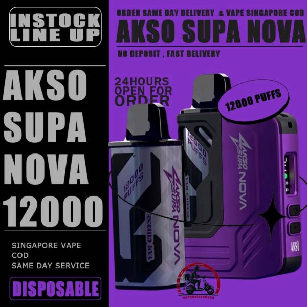 AKSO SUPA NOVA 12000 DISPOSABLE ( STARTER KIT & CARTRIDGE POD ) - VAPE DELIVERY SG SINGAPORE The AKSO SUPA NOVA 12000 puffs disposable vape is Starter Kit & Prefilled Pod design ,ready stock in our sg singapore store online shop for same day delivery. Introducing the AKSO Supa Nova 12k closed pod disposable vape, crafted for flexibility and ease of use. It features adjustable wattage ranging from 10W to 20W, allowing users to customize their vaping experience. Safety is paramount with a child lock and a rechargeable battery equipped with anti-overcharge and auto cut-off systems. Monitoring your vape is simple with liquid and battery indicators, ensuring you're always informed. Adjust the airflow to your liking and enjoy up to 12,000 puffs per cartridge. Plus, it's compatible with cartridges from the Akso Supa Pro series, offering compatibility and versatility for vapers. SAFETY : Designed with user safety and convenience in mind. It features a child lock mechanism where activation and deactivation require pressing any button for 3 seconds, preventing accidental operation. The rechargeable battery includes anti-overcharge protection and an auto cut-off system, ensuring prolonged battery lifespan and safe charging practices. CARTRIDGE SYSTEM POD : Offering an impressive 12k puff capacity per cartridge. It is compatible with cartridges from the Akso Supa Pro series, providing versatility and convenience. With over 40 flavors to choose from, users can explore a wide range of options to suit their preferences and tastes. STARTER KIT Package Include : X1 AKSO SUPA NOVA 12K Device Battery X1 Prefilled Pod 12k Puffs CARTRIDGE Package Include : X1 Prefilled Pod 12k Puffs Specifications : Puff: 12000 Puffs Nicotine Strength: 5% Adjustable wattage : 10W to 20W Liquid and battery indicator Charging Port: 650 mAh Rechargeable Type-C ⚠️AKSO SUPA NOVA 12000 STARTER KIT & CARTRIDGE FLAVOUR LINE UP⚠️ Strawberry Banana Custard Honeydew Chocolate Mint Butter Mint Candy Strawberry Mango Strawberry Yam Cheese Blackcurrant Oat Crunch Mango Sirap Bandung Vanilla Tobacco Passion Soursop Mango Mango Passion Grape Apple Custard Cranberry Grape Milk Caramel Watermelon Gummy Icy Watermelon Gum Icy Lemon Cola Icy Grape Apple Icy Watermelon Strawberry Icy Honey Melon Icy Energy Drink SG VAPE COD SAME DAY DELIVERY , CASH ON DELIVERY ONLY. TAKE BULK ORDER /MORE ORDER PLS CONTACT ME : VAPEDELIVERYSG VIEW OUR DAILY NEWS INFORMATION VAPE : TELEGRAM CHANNEL