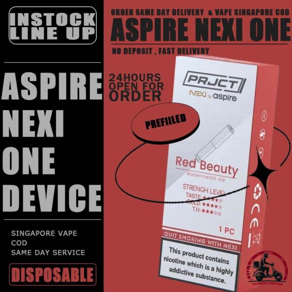 NEXI ONE ASPIRE PREFILLED - VAPE DELIVERY SG SINGAPORE Designed exclusively for use with the NEXI ONE device, the NEXI ONE Prefilled Pod offers a diverse range of tobacco flavors, each infused with 50mg of nicotine. Every pod delivers up to 1,000 puffs, providing a long-lasting and satisfying vaping experience. Choose 1 flavor in a set 3pcs only $25!  Elevate your vaping journey with the perfect balance of flavor and strength. Specification : Pod Capacity : 1.2ml Nicotine Strength : 5% Coil Resistance : 1.6ohm Package Included : 3 x NEXI ONE Prefilled Pod Compatible Device : NEXI ONE Device ⚠️NEXI ONE PREFILLED FLAVOUR LINE UP⚠️ Brown Tobacco (Nutty) Choco Cafe (Cuppucino) Classic Grape Dark Cigar (Classic TBC) Freeze Jasmine Green Minty (Double Spearmint) Love Pinky (Strawberry Ice) Milky Cream Pink Wheezy (Lychee Ice) Purple Cream Red Beauty (Watermelon Ice) Ultimate Yellow (Double Mango) SG VAPE COD SAME DAY DELIVERY , CASH ON DELIVERY ONLY. TAKE BULK ORDER /MORE ORDER PLS CONTACT ME : VAPEDELIVERYSG VIEW OUR DAILY NEWS INFORMATION VAPE : TELEGRAM CHANNEL