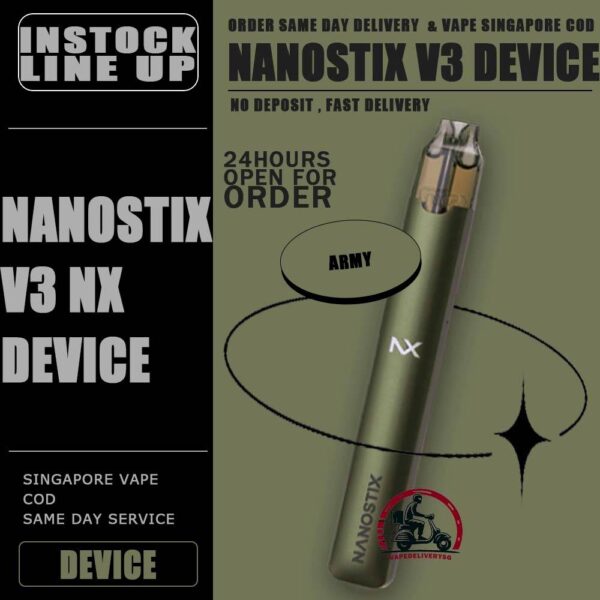 NANOSTIX NX V3 DEVICE - VAPE DELIVERY SG SINGAPORE NANOSTIX NX V3 DEVICE A revolutionary closed pod system device featuring load and go NanoPOD (V1), minus the harmful tar and chemicals of cigarettes’ that offers a healthier, more economical alternative to smoking. The device is lightweight and made of stainless steel casing. Designed without the mess of refill tanks. Simply insert the NanoPOD juice cartridge into the device and you’re ready to vape right away. NanoSTIX device is powered with LED power indicator, micro USB with 0.35V – 2.25V. ⚠️NANOSTIX NX V3 DEVICE AVAILABLE COLOR LINE UP⚠️ Army Tuxedo Denim Titanium Brass Petra *NANOSTIX V3 DEVICE ONLY COMPATIBLE WITH NANOSTIX V2 POD* SG VAPE COD SAME DAY DELIVERY , CASH ON DELIVERY ONLY. TAKE BULK ORDER /MORE ORDER PLS CONTACT ME : VAPEDELIVERYSG VIEW OUR DAILY NEWS INFORMATION VAPE : TELEGRAM CHANNEL