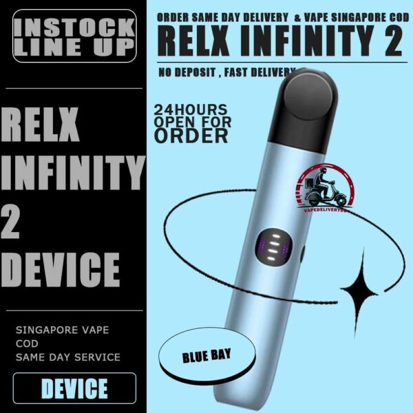 RELX INFINITY 2 DEVICE  - VAPE DELIVERY SG SINGAPORE The RELX Infinity 2 vape device Vape Ready stock in our sg singapore store online shop for same day delivery. Is the newest 2023 addition to the RELX family. As with the RELX Infinity and Essential, the Infinity 2 is a compact and lightweight pen-style device designed for both beginner and veteran vapers, but with some groundbreaking added features. Customize your vaping experience with 3 power modes! Vape your way with your choice of 3 vaping modes; Eco, Smooth a%nd Boost, easily selectable by the push of a button with the RELX Infinity 2 and identifiable by the LED light color. Eco Mode Eco Mode runs on a reduced power setting of 5.5w. This setting gives you a lighter vaping experience with less output and also preserves battery life by up to 25% vs smooth mode! Smooth Mode Smooth Mode delivers the most similar vaping experience to the RELX infinity and RELX Essential. At a slightly higher 6.5w power output this gives you the familiar vaping experience you know and love with traditional RELX Products. Boost Mode Boost Mode runs on an enhanced power setting of 8w delivering instant satisfaction, maximum flavour & 15% more vapor output than smooth mode. Enhanced Battery Technology The RELX Infinity 2 comes with improved ultra fast charging. You can now charge a RELX device in less than 15 minutes; 130% faster than prior RELX infinity devices. In addition to quicker charging, the RELX Infinity 2 comes with an additional 14% battery capacity compared to the RELX Infinity. At 440 mAh, you'll have no problem being out on the go for a solid day. Specifications : Atomizer using Cotton/Ceramic Charging Duration 27min Battery Capacity 440mAh Charger Type USB Type C Battery Indicator Power Adjustable Power Mode : Green - Eco Mode Blue - Smooth Mode Purple - Boost Mode ⚠️RELX INFINITY 2 DEVICE COMPATIBLE POD WITH⚠️ RELX INFINITY POD ISHO INFINITY POD ZEUZ INFINITY POD LANA INFINITY POD RELX POD REAL ⚠️RELX INFINITY 2 DEVICE COLOR LINE UP⚠️ Blue Bay (Blue) Cherry Blossom (Pink) Dark Asteroid (Grey) Green Navy (Green) Obsidian Black (Black) Royal Indigo (Purple) Bronze Dusk (Brown) SG VAPE COD SAME DAY DELIVERY , CASH ON DELIVERY ONLY. TAKE BULK ORDER /MORE ORDER PLS CONTACT ME : VAPEDELIVERYSG VIEW OUR DAILY NEWS INFORMATION VAPE : TELEGRAM CHANNEL