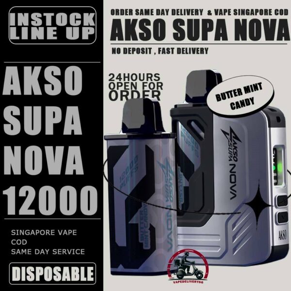 AKSO SUPA NOVA 12000 DISPOSABLE ( STARTER KIT & CARTRIDGE POD ) - VAPE DELIVERY SG SINGAPORE The AKSO SUPA NOVA 12000 puffs disposable vape is Starter Kit & Prefilled Pod design ,ready stock in our sg singapore store online shop for same day delivery. Introducing the AKSO Supa Nova 12k closed pod disposable vape, crafted for flexibility and ease of use. It features adjustable wattage ranging from 10W to 20W, allowing users to customize their vaping experience. Safety is paramount with a child lock and a rechargeable battery equipped with anti-overcharge and auto cut-off systems. Monitoring your vape is simple with liquid and battery indicators, ensuring you're always informed. Adjust the airflow to your liking and enjoy up to 12,000 puffs per cartridge. Plus, it's compatible with cartridges from the Akso Supa Pro series, offering compatibility and versatility for vapers. SAFETY : Designed with user safety and convenience in mind. It features a child lock mechanism where activation and deactivation require pressing any button for 3 seconds, preventing accidental operation. The rechargeable battery includes anti-overcharge protection and an auto cut-off system, ensuring prolonged battery lifespan and safe charging practices. CARTRIDGE SYSTEM POD : Offering an impressive 12k puff capacity per cartridge. It is compatible with cartridges from the Akso Supa Pro series, providing versatility and convenience. With over 40 flavors to choose from, users can explore a wide range of options to suit their preferences and tastes. Specifications : Puff: 12000 Puffs Nicotine Strength: 5% Adjustable wattage : 10W to 20W Liquid and battery indicator Charging Port: 650 mAh Rechargeable Type-C ⚠️AKSO SUPA NOVA 12000 STARTER KIT & CARTRIDGE FLAVOUR LINE UP⚠️ Strawberry Banana Custard Honeydew Chocolate Mint Butter Mint Candy Strawberry Mango Strawberry Yam Cheese Blackcurrant Oat Crunch Mango Sirap Bandung Vanilla Tobacco Passion Soursop Mango Mango Passion Grape Apple Custard Cranberry Grape Milk Caramel Watermelon Gummy Icy Watermelon Gum Icy Lemon Cola Icy Grape Apple Icy Watermelon Strawberry Icy Honey Melon Icy Energy Drink SG VAPE COD SAME DAY DELIVERY , CASH ON DELIVERY ONLY. TAKE BULK ORDER /MORE ORDER PLS CONTACT ME : VAPEDELIVERYSG VIEW OUR DAILY NEWS INFORMATION VAPE : TELEGRAM CHANNEL