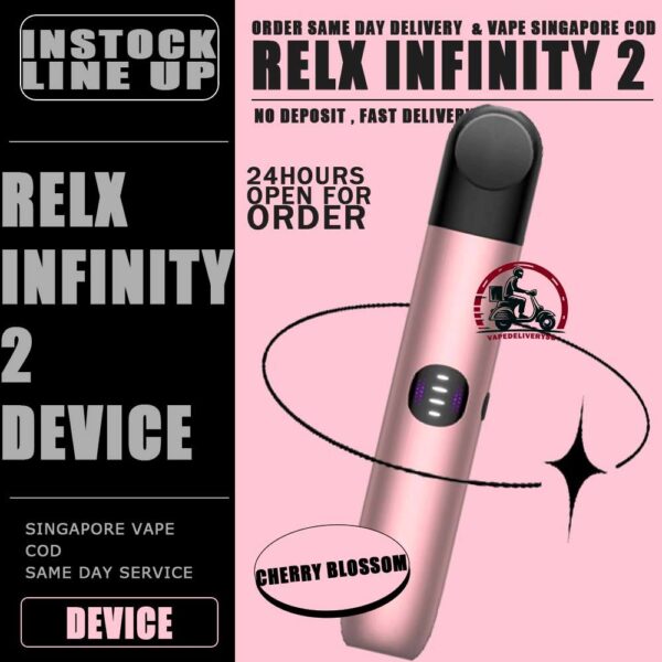 RELX INFINITY 2 DEVICE  - VAPE DELIVERY SG SINGAPORE The RELX Infinity 2 vape device Vape Ready stock in our sg singapore store online shop for same day delivery. Is the newest 2023 addition to the RELX family. As with the RELX Infinity and Essential, the Infinity 2 is a compact and lightweight pen-style device designed for both beginner and veteran vapers, but with some groundbreaking added features. Customize your vaping experience with 3 power modes! Vape your way with your choice of 3 vaping modes; Eco, Smooth a%nd Boost, easily selectable by the push of a button with the RELX Infinity 2 and identifiable by the LED light color. Eco Mode Eco Mode runs on a reduced power setting of 5.5w. This setting gives you a lighter vaping experience with less output and also preserves battery life by up to 25% vs smooth mode! Smooth Mode Smooth Mode delivers the most similar vaping experience to the RELX infinity and RELX Essential. At a slightly higher 6.5w power output this gives you the familiar vaping experience you know and love with traditional RELX Products. Boost Mode Boost Mode runs on an enhanced power setting of 8w delivering instant satisfaction, maximum flavour & 15% more vapor output than smooth mode. Enhanced Battery Technology The RELX Infinity 2 comes with improved ultra fast charging. You can now charge a RELX device in less than 15 minutes; 130% faster than prior RELX infinity devices. In addition to quicker charging, the RELX Infinity 2 comes with an additional 14% battery capacity compared to the RELX Infinity. At 440 mAh, you'll have no problem being out on the go for a solid day. Specifications : Atomizer using Cotton/Ceramic Charging Duration 27min Battery Capacity 440mAh Charger Type USB Type C Battery Indicator Power Adjustable Power Mode : Green - Eco Mode Blue - Smooth Mode Purple - Boost Mode ⚠️RELX INFINITY 2 DEVICE COMPATIBLE POD WITH⚠️ RELX INFINITY POD ISHO INFINITY POD ZEUZ INFINITY POD LANA INFINITY POD RELX POD REAL ⚠️RELX INFINITY 2 DEVICE COLOR LINE UP⚠️ Blue Bay (Blue) Cherry Blossom (Pink) Dark Asteroid (Grey) Green Navy (Green) Obsidian Black (Black) Royal Indigo (Purple) Bronze Dusk (Brown) SG VAPE COD SAME DAY DELIVERY , CASH ON DELIVERY ONLY. TAKE BULK ORDER /MORE ORDER PLS CONTACT ME : VAPEDELIVERYSG VIEW OUR DAILY NEWS INFORMATION VAPE : TELEGRAM CHANNEL