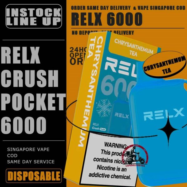 RELX CRUSH POCKET 6000 DISPOSABLE - VAPE DELIVERY SG SINGAPORE The RELX Crush Pocket 6000 Puffs Disposable vape Ready stock at Singapore sg shop on sale for same day delivery. This kit offers a refreshing summer experience with its subtle sweetness, strong cooling effect, and moderate richness RELX Pocket features a puff count of up to 6k puffs, an atomizer with a mech coil 2.0, powered by 10W. Equipped with a 470mAh battery, it reaches 80% charge in just 45 minutes. Specifition :  Puffs: 6000 Puff Nicotine Strength : 3% Charging Time : Roughly 30-45min Battery Capacity : Type-C Rechargeable ⚠️RELX CRUSH POCKET 6000 FLAVOUR LINE UP⚠️ Chrysanthemum Tea (3%) Icy Mineral Water (3%) LongJIng Tea (3%) Mint Freeze (3%) Peach Oolong Tea (3%) Root Beer (3%) Sea Salt Lemon (3%) Sour Plum Cola (3%) TieGuanYin Tea (3%) Watermelon Chill (3%) Creamy Tobacco (5%) Fresh Mint (5%) Mocha (5%) Tangy Grape (5%) Triple Mango (5%) SG VAPE COD SAME DAY DELIVERY , CASH ON DELIVERY ONLY. TAKE BULK ORDER /MORE ORDER PLS CONTACT ME : VAPEDELIVERYSG VIEW OUR DAILY NEWS INFORMATION VAPE : TELEGRAM CHANNEL