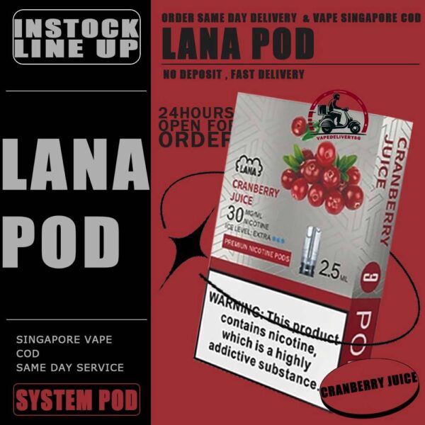 LANA POD - VAPE DELIVERY SG SINGAPORE Lana replacement pre-filled pod from Lanavape used for lana device, or some pod device which mouthpiece size as same as Lana pods.It's made of PCTG and ceramic coil and comes with leakproof design.  Besides, It filled with 2.5ml capacity nicotine salt with various fruity flavors, which meet your dairy needs. The transparent pod comes with random LED light color when you inhaling, bring you extra cooling vaping experience. One pod can smoke about 500 to 600 times. After smoking, you can directly discard and replace the next one. Specifications: Nicotine 3% Capacity 2.5ml per pod Package Included: 1 Pack of 3 pods ⚠️LANA POD COMPATIBLE DEVICE WITH⚠️ DARK RIDER 3S DEVICE DD CUBE DEVICE INSTAR DEVICE RELX CLASSIC DEVICE SP2 BLTIZ DEVICE SP2 LEGENG SERIES DEVICE SP2 M SERIES DEVICE WUUZ DEVICE ZEUZ DEVICE LANA DEVICE ⚠️ LANA POD FLAVOUR LINE UP⚠️ Apple Berry Blast Berry Grape Fruit Blueberry Coffee Coke Cranberry Grape Green Bean Guava Ice Tea Kiwi Lemon Lychee Iced Mango Mango Milkshake Mineral Oolong Tea Orange Passion Fruit Peach Peach Grape Banana Peppermint Pineapple Popsicle Red Wine Root Beer Skittles Strawberry Milkshake Strawberry Watermelon Taro Tie Guan Yin Watermelon Mango Passion Cantaloupe Jasmine Long Jing SG VAPE COD SAME DAY DELIVERY , CASH ON DELIVERY ONLY. TAKE BULK ORDER /MORE ORDER PLS CONTACT ME : VAPEDELIVERYSG VIEW OUR DAILY NEWS INFORMATION VAPE : TELEGRAM CHANNEL