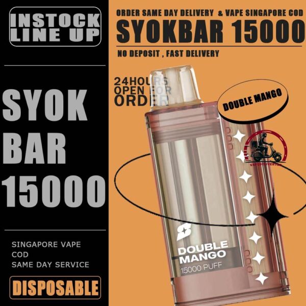 SYOK BAR 15000 ( 15K ) Puffs DISPOSABLE - VAPE DELIVERY SG SINGAPORE The SYOK Bar 15000 vape also as SYOKBAR 15k puffs , this vape kit for you can enjoy one full day , Vape Ready stock at Singapore sg shop on sale for same day delivery. Syokbar 15000 puffs ready stock in Singapore. Syokbar offer 10 fruity flavor options to user. The device has an indicator to show battery and ejuice level. With transparent cover fashion design, syok bar is loved by Singaporean. Try syokbar now at VAPE DELIVERY SG , this device will make you 'syok syok'! Shop now. So fresh so boost with the new visible tank technology : See through flavor easier be prepared. Better taste & longer lasting. 8 min charge 1 day use powerful battery. Specification: Puffs: 15000 Puffs Nicotine Strength: 5% Volume: 25ML Flavour Charging: Recharging with Type C Coil: Mesh Coil Fully Charged Time: 25mins ⚠️SYOK BAR 15K FLAVOUR LINE UP⚠️ Pink Guava Double Grape Double Mango Lemon Sprite Sour Bubblegum Strawberry Honeydew Mango Peach Watermelon Strawberry Grapple Watermelon Slurpee Mixed Fruit Slurpee Sea Salt Lemon Lybena Lychee Double Strawberry Sunkiss Orange Apple Orange Strawberry SG VAPE COD SAME DAY DELIVERY , CASH ON DELIVERY ONLY. TAKE BULK ORDER /MORE ORDER PLS CONTACT ME : VAPEDELIVERYSG VIEW OUR DAILY NEWS INFORMATION VAPE : TELEGRAM CHANNEL