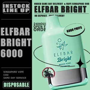ELFBAR BRIGHT 6000 DISPOSABLE - VAPE DELIVERY SG SINGAPORE The Elfbar Bright 6000 Puffs Disposable vape ready stock in our sg singapore store online shop for same day delivery. Feel the elf bar bright 6k combination of power and flavor. With QUAQ MESH, every puff unleashes a powerful throat hit bursting with flavor. Fresh Taste, Fresh Vibes! Newest flavor lineup yet. Indulge in rich, satisfying tastes that make every inhale a delight. Try it now ELF BAR BRIGHT ! Note: Battery power shall not be released normally when the ambient temperature is lower than -5℃. We suggest before the activation, this product shall be left in a warm environment for about three days to restore battery discharge capacity.   Specification : Puff: 6000 Puffs Nicotine Strength: 50mg / 5% Battery Capacity: 400mAh Charging Port: Type-C Rechargeable ⚠️ELFBAR BRIGHT 6000 FLAVOUR LINE UP⚠️ Apple Strawberry Mango Bubblegum Mint Double Peach Mango Watermelon Double Strawberry Ice Cream Double Strawberry Juicy Peach Fanta Lemon Cola Lychee Grape Honeydew Mixed Kiwi Passion Strawberry Grape Bubblegum SG VAPE COD SAME DAY DELIVERY , CASH ON DELIVERY ONLY. TAKE BULK ORDER /MORE ORDER PLS CONTACT ME : VAPEDELIVERYSG VIEW OUR DAILY NEWS INFORMATION VAPE : TELEGRAM CHANNEL