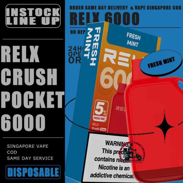 RELX CRUSH POCKET 6000 DISPOSABLE - VAPE DELIVERY SG SINGAPORE The RELX Crush Pocket 6000 Puffs Disposable vape Ready stock at Singapore sg shop on sale for same day delivery. This kit offers a refreshing summer experience with its subtle sweetness, strong cooling effect, and moderate richness RELX Pocket features a puff count of up to 6k puffs, an atomizer with a mech coil 2.0, powered by 10W. Equipped with a 470mAh battery, it reaches 80% charge in just 45 minutes. Specifition :  Puffs: 6000 Puff Nicotine Strength : 3% Charging Time : Roughly 30-45min Battery Capacity : Type-C Rechargeable ⚠️RELX CRUSH POCKET 6000 FLAVOUR LINE UP⚠️ Chrysanthemum Tea (3%) Icy Mineral Water (3%) LongJIng Tea (3%) Mint Freeze (3%) Peach Oolong Tea (3%) Root Beer (3%) Sea Salt Lemon (3%) Sour Plum Cola (3%) TieGuanYin Tea (3%) Watermelon Chill (3%) Creamy Tobacco (5%) Fresh Mint (5%) Mocha (5%) Tangy Grape (5%) Triple Mango (5%) SG VAPE COD SAME DAY DELIVERY , CASH ON DELIVERY ONLY. TAKE BULK ORDER /MORE ORDER PLS CONTACT ME : VAPEDELIVERYSG VIEW OUR DAILY NEWS INFORMATION VAPE : TELEGRAM CHANNEL