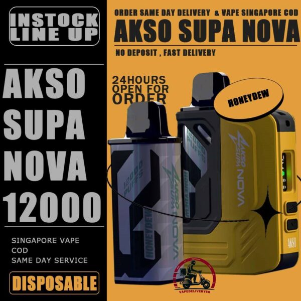 AKSO SUPA NOVA 12000 DISPOSABLE ( STARTER KIT & CARTRIDGE POD ) - VAPE DELIVERY SG SINGAPORE The AKSO SUPA NOVA 12000 puffs disposable vape is Starter Kit & Prefilled Pod design ,ready stock in our sg singapore store online shop for same day delivery. Introducing the AKSO Supa Nova 12k closed pod disposable vape, crafted for flexibility and ease of use. It features adjustable wattage ranging from 10W to 20W, allowing users to customize their vaping experience. Safety is paramount with a child lock and a rechargeable battery equipped with anti-overcharge and auto cut-off systems. Monitoring your vape is simple with liquid and battery indicators, ensuring you're always informed. Adjust the airflow to your liking and enjoy up to 12,000 puffs per cartridge. Plus, it's compatible with cartridges from the Akso Supa Pro series, offering compatibility and versatility for vapers. SAFETY : Designed with user safety and convenience in mind. It features a child lock mechanism where activation and deactivation require pressing any button for 3 seconds, preventing accidental operation. The rechargeable battery includes anti-overcharge protection and an auto cut-off system, ensuring prolonged battery lifespan and safe charging practices. CARTRIDGE SYSTEM POD : Offering an impressive 12k puff capacity per cartridge. It is compatible with cartridges from the Akso Supa Pro series, providing versatility and convenience. With over 40 flavors to choose from, users can explore a wide range of options to suit their preferences and tastes. Specifications : Puff: 12000 Puffs Nicotine Strength: 5% Adjustable wattage : 10W to 20W Liquid and battery indicator Charging Port: 650 mAh Rechargeable Type-C ⚠️AKSO SUPA NOVA 12000 STARTER KIT & CARTRIDGE FLAVOUR LINE UP⚠️ Strawberry Banana Custard Honeydew Chocolate Mint Butter Mint Candy Strawberry Mango Strawberry Yam Cheese Blackcurrant Oat Crunch Mango Sirap Bandung Vanilla Tobacco Passion Soursop Mango Mango Passion Grape Apple Custard Cranberry Grape Milk Caramel Watermelon Gummy Icy Watermelon Gum Icy Lemon Cola Icy Grape Apple Icy Watermelon Strawberry Icy Honey Melon Icy Energy Drink SG VAPE COD SAME DAY DELIVERY , CASH ON DELIVERY ONLY. TAKE BULK ORDER /MORE ORDER PLS CONTACT ME : VAPEDELIVERYSG VIEW OUR DAILY NEWS INFORMATION VAPE : TELEGRAM CHANNEL