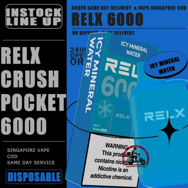 RELX CRUSH POCKET 6000 DISPOSABLE - VAPE DELIVERY SG SINGAPORE The RELX Crush Pocket 6000 Puffs Disposable vape Ready stock at Singapore sg shop on sale for same day delivery. This kit offers a refreshing summer experience with its subtle sweetness, strong cooling effect, and moderate richness RELX Pocket features a puff count of up to 6k puffs, an atomizer with a mech coil 2.0, powered by 10W. Equipped with a 470mAh battery, it reaches 80% charge in just 45 minutes. Specifition :  Puffs: 6000 Puff Nicotine Strength : 3% Charging Time : Roughly 30-45min Battery Capacity : Type-C Rechargeable ⚠️RELX CRUSH POCKET 6000 FLAVOUR LINE UP⚠️ Chrysanthemum Tea (3%) Icy Mineral Water (3%) LongJIng Tea (3%) Mint Freeze (3%) Peach Oolong Tea (3%) Root Beer (3%) Sea Salt Lemon (3%) Sour Plum Cola (3%) TieGuanYin Tea (3%) Watermelon Chill (3%) Creamy Tobacco (5%) Fresh Mint (5%) Mocha (5%) Tangy Grape (5%) Triple Mango (5%) SG VAPE COD SAME DAY DELIVERY , CASH ON DELIVERY ONLY. TAKE BULK ORDER /MORE ORDER PLS CONTACT ME : VAPEDELIVERYSG VIEW OUR DAILY NEWS INFORMATION VAPE : TELEGRAM CHANNEL