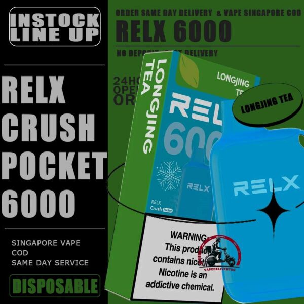 RELX CRUSH POCKET 6000 DISPOSABLE - VAPE DELIVERY SG SINGAPORE The RELX Crush Pocket 6000 Puffs Disposable vape Ready stock at Singapore sg shop on sale for same day delivery. This kit offers a refreshing summer experience with its subtle sweetness, strong cooling effect, and moderate richness RELX Pocket features a puff count of up to 6k puffs, an atomizer with a mech coil 2.0, powered by 10W. Equipped with a 470mAh battery, it reaches 80% charge in just 45 minutes. Specifition :  Puffs: 6000 Puff Nicotine Strength : 3% Charging Time : Roughly 30-45min Battery Capacity : Type-C Rechargeable ⚠️RELX CRUSH POCKET 6000 FLAVOUR LINE UP⚠️ Chrysanthemum Tea (3%) Icy Mineral Water (3%) LongJIng Tea (3%) Mint Freeze (3%) Peach Oolong Tea (3%) Root Beer (3%) Sea Salt Lemon (3%) Sour Plum Cola (3%) TieGuanYin Tea (3%) Watermelon Chill (3%) Creamy Tobacco (5%) Fresh Mint (5%) Mocha (5%) Tangy Grape (5%) Triple Mango (5%) SG VAPE COD SAME DAY DELIVERY , CASH ON DELIVERY ONLY. TAKE BULK ORDER /MORE ORDER PLS CONTACT ME : VAPEDELIVERYSG VIEW OUR DAILY NEWS INFORMATION VAPE : TELEGRAM CHANNEL