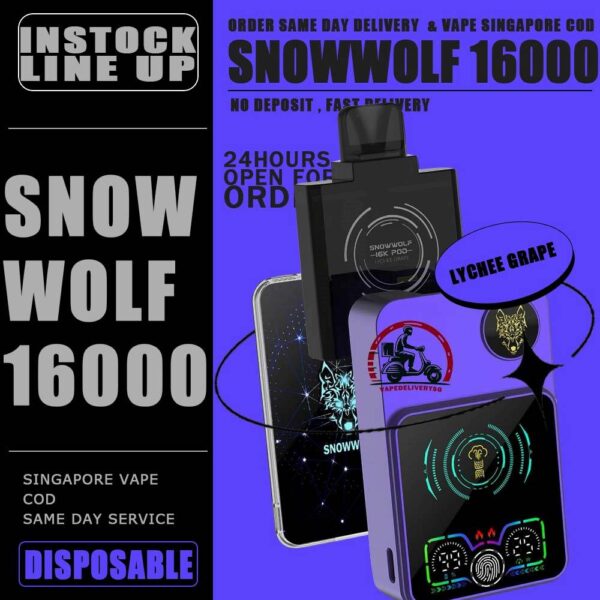 SNOWWOLF 16000 DISPOSABLE STARTER KIT & CARTRIDGE POD - VAPE DELIVERY SG SINGAPORE The SNOWWOLF 16000 ( 16K Puffs ) STARTER KIT & CARTRIDGE POD Disposable vape Ready stock in our sg singapore store online shop for same day delivery. Introducing the innovative Snowwolf Smart HD with an impressive 16,000 puffs capacity. It feature a vibrant HD screen displaying your vaping duration, voltage level, battery life, and liquid percentage. Customize your experience with adjustable voltage settings from 5W to a powerful 15W, all powered by a reliable 650mAh battery with fast charging, 80% charge in just 20 minutes. Discover a unique feature - automatic vaping time monitoring for easy tracking of your sessions. Elevate your vaping experience with the Snowwolf . Locking/Unlocking the Device: To lock or unlock the device, press the button for 3 seconds. Switching Voltage: To switch the voltage, press the button 1 times. Each press will change the voltage in 1W increments. The available voltage options from 5W to 15W. STARTER KIT Package Include : X1 SNOWWOLF Device Battery X1 Prefilled Pod 16k Puffs CARTRIDGE Package Include : X1 Prefilled Pod 16k Puffs Specifition : Nicotine Strength: 50mg ( 5% ) Battery Capacity : 800mAh Wattage : 15-25 watts adjustable Charging : 20 mins super charge Coils : Dual Mesh Coil E-liquid capacity : 12ml ⚠️SNOWWOLF 16000 FLAVOUR LINE UP⚠️ Blow Pop (Strawberry BBG) Blue Power Watermelon (Berry Watermelon BBG) Meta Moon (Strawberry Watermelon Honeydew) Watermelon Mint Bubblegum Kiwi Passion Fruit Aloe Cream Cake Taro Ice Cream Double Mango Lychee Grape Strawberry Watermelon Strawberry Grape Candy Skittles SG VAPE COD SAME DAY DELIVERY , CASH ON DELIVERY ONLY. TAKE BULK ORDER /MORE ORDER PLS CONTACT ME : VAPEDELIVERYSG VIEW OUR DAILY NEWS INFORMATION VAPE : TELEGRAM CHANNEL