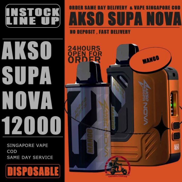 AKSO SUPA NOVA 12000 DISPOSABLE ( STARTER KIT & CARTRIDGE POD ) - VAPE DELIVERY SG SINGAPORE The AKSO SUPA NOVA 12000 puffs disposable vape is Starter Kit & Prefilled Pod design ,ready stock in our sg singapore store online shop for same day delivery. Introducing the AKSO Supa Nova 12k closed pod disposable vape, crafted for flexibility and ease of use. It features adjustable wattage ranging from 10W to 20W, allowing users to customize their vaping experience. Safety is paramount with a child lock and a rechargeable battery equipped with anti-overcharge and auto cut-off systems. Monitoring your vape is simple with liquid and battery indicators, ensuring you're always informed. Adjust the airflow to your liking and enjoy up to 12,000 puffs per cartridge. Plus, it's compatible with cartridges from the Akso Supa Pro series, offering compatibility and versatility for vapers. SAFETY : Designed with user safety and convenience in mind. It features a child lock mechanism where activation and deactivation require pressing any button for 3 seconds, preventing accidental operation. The rechargeable battery includes anti-overcharge protection and an auto cut-off system, ensuring prolonged battery lifespan and safe charging practices. CARTRIDGE SYSTEM POD : Offering an impressive 12k puff capacity per cartridge. It is compatible with cartridges from the Akso Supa Pro series, providing versatility and convenience. With over 40 flavors to choose from, users can explore a wide range of options to suit their preferences and tastes. Specifications : Puff: 12000 Puffs Nicotine Strength: 5% Adjustable wattage : 10W to 20W Liquid and battery indicator Charging Port: 650 mAh Rechargeable Type-C ⚠️AKSO SUPA NOVA 12000 STARTER KIT & CARTRIDGE FLAVOUR LINE UP⚠️ Strawberry Banana Custard Honeydew Chocolate Mint Butter Mint Candy Strawberry Mango Strawberry Yam Cheese Blackcurrant Oat Crunch Mango Sirap Bandung Vanilla Tobacco Passion Soursop Mango Mango Passion Grape Apple Custard Cranberry Grape Milk Caramel Watermelon Gummy Icy Watermelon Gum Icy Lemon Cola Icy Grape Apple Icy Watermelon Strawberry Icy Honey Melon Icy Energy Drink SG VAPE COD SAME DAY DELIVERY , CASH ON DELIVERY ONLY. TAKE BULK ORDER /MORE ORDER PLS CONTACT ME : VAPEDELIVERYSG VIEW OUR DAILY NEWS INFORMATION VAPE : TELEGRAM CHANNEL