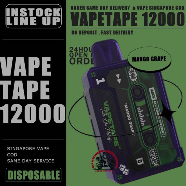 VAPETAPE 12000 / 12K DISPOSABLE - VAPE DELIVERY SG SINGAPORE The Vapetape 12000 Disposable Support to 12k Puffs , is upgraded device from 8000 puffs. This Product is From ASDF Company also , The Vape tape 12k improve the volume, battery capacity and come with 20 +Plus new flavours. Vape tape 12000 remains classic cassette design which is comfortably in the hand , and the mouthpiece that is shaped to enhance the vaping experience. Discover out signature Double Mango flavor, alongside popular options like Infinity Pod Honeydew Watermelon, Sour Bubblegum , Solero Lime , Watermelon Peach, Gummy Bear, and Strawberry Lemon Tart. For those craving extra sweetness, you can also enjoy Ice Lemon Tea or Red Slurpee flavors. Specification : Nicotine 50mg (5%) Approx. 12000 puffs Mesh Coil Rechargeable Battery Charging Port: Type-C ⚠️VAPETAPE 12000 FLAVOUR LINE UP⚠️ Double Mango Mango Grape Mango Lychee Strawberry Lychee Lychee Blackcurrant Grape Blackcurrant Honeydew Watermelon Pineapple Orange Kiwi Passion Fruit Guava Peach Mixed Berries Lemon Cola Blackcurrant Yakult Gummy Bear Solero Lime Sour Bubblegum Banana Custard Strawberry Lemon Tart Honeydew Blackcurrant Ice Lemon Tea Red Slurpee Grape Bubblegum Yakult Watermelon Peach Peach Lychee SG VAPE COD SAME DAY DELIVERY , CASH ON DELIVERY ONLY. TAKE BULK ORDER /MORE ORDER PLS CONTACT ME : VAPEDELIVERYSG VIEW OUR DAILY NEWS INFORMATION VAPE : TELEGRAM CHANNEL