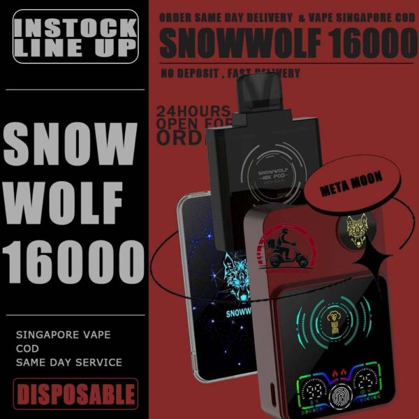 SNOWWOLF 16000 DISPOSABLE STARTER KIT & CARTRIDGE POD - VAPE DELIVERY SG SINGAPORE The SNOWWOLF 16000 ( 16K Puffs ) STARTER KIT & CARTRIDGE POD Disposable vape Ready stock in our sg singapore store online shop for same day delivery. Introducing the innovative Snowwolf Smart HD with an impressive 16,000 puffs capacity. It feature a vibrant HD screen displaying your vaping duration, voltage level, battery life, and liquid percentage. Customize your experience with adjustable voltage settings from 5W to a powerful 15W, all powered by a reliable 650mAh battery with fast charging, 80% charge in just 20 minutes. Discover a unique feature - automatic vaping time monitoring for easy tracking of your sessions. Elevate your vaping experience with the Snowwolf . Locking/Unlocking the Device: To lock or unlock the device, press the button for 3 seconds. Switching Voltage: To switch the voltage, press the button 1 times. Each press will change the voltage in 1W increments. The available voltage options from 5W to 15W. STARTER KIT Package Include : X1 SNOWWOLF Device Battery X1 Prefilled Pod 16k Puffs CARTRIDGE Package Include : X1 Prefilled Pod 16k Puffs Specifition : Nicotine Strength: 50mg ( 5% ) Battery Capacity : 800mAh Wattage : 15-25 watts adjustable Charging : 20 mins super charge Coils : Dual Mesh Coil E-liquid capacity : 12ml ⚠️SNOWWOLF 16000 FLAVOUR LINE UP⚠️ Blow Pop (Strawberry BBG) Blue Power Watermelon (Berry Watermelon BBG) Meta Moon (Strawberry Watermelon Honeydew) Watermelon Mint Bubblegum Kiwi Passion Fruit Aloe Cream Cake Taro Ice Cream Double Mango Lychee Grape Strawberry Watermelon Strawberry Grape Candy Skittles SG VAPE COD SAME DAY DELIVERY , CASH ON DELIVERY ONLY. TAKE BULK ORDER /MORE ORDER PLS CONTACT ME : VAPEDELIVERYSG VIEW OUR DAILY NEWS INFORMATION VAPE : TELEGRAM CHANNEL