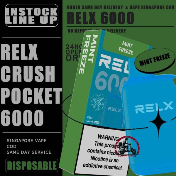 RELX CRUSH POCKET 6000 DISPOSABLE - VAPE DELIVERY SG SINGAPORE The RELX Crush Pocket 6000 Puffs Disposable vape Ready stock at Singapore sg shop on sale for same day delivery. This kit offers a refreshing summer experience with its subtle sweetness, strong cooling effect, and moderate richness RELX Pocket features a puff count of up to 6k puffs, an atomizer with a mech coil 2.0, powered by 10W. Equipped with a 470mAh battery, it reaches 80% charge in just 45 minutes. Specifition :  Puffs: 6000 Puff Nicotine Strength : 3% Charging Time : Roughly 30-45min Battery Capacity : Type-C Rechargeable ⚠️RELX CRUSH POCKET 6000 FLAVOUR LINE UP⚠️ Chrysanthemum Tea (3%) Icy Mineral Water (3%) LongJIng Tea (3%) Mint Freeze (3%) Peach Oolong Tea (3%) Root Beer (3%) Sea Salt Lemon (3%) Sour Plum Cola (3%) TieGuanYin Tea (3%) Watermelon Chill (3%) Creamy Tobacco (5%) Fresh Mint (5%) Mocha (5%) Tangy Grape (5%) Triple Mango (5%) SG VAPE COD SAME DAY DELIVERY , CASH ON DELIVERY ONLY. TAKE BULK ORDER /MORE ORDER PLS CONTACT ME : VAPEDELIVERYSG VIEW OUR DAILY NEWS INFORMATION VAPE : TELEGRAM CHANNEL