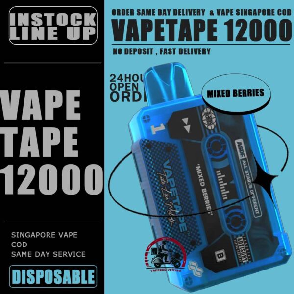 VAPETAPE 12000 / 12K DISPOSABLE - VAPE DELIVERY SG SINGAPORE The Vapetape 12000 Disposable Support to 12k Puffs , is upgraded device from 8000 puffs. This Product is From ASDF Company also , The Vape tape 12k improve the volume, battery capacity and come with 20 +Plus new flavours. Vape tape 12000 remains classic cassette design which is comfortably in the hand , and the mouthpiece that is shaped to enhance the vaping experience. Discover out signature Double Mango flavor, alongside popular options like Infinity Pod Honeydew Watermelon, Sour Bubblegum , Solero Lime , Watermelon Peach, Gummy Bear, and Strawberry Lemon Tart. For those craving extra sweetness, you can also enjoy Ice Lemon Tea or Red Slurpee flavors. Specification : Nicotine 50mg (5%) Approx. 12000 puffs Mesh Coil Rechargeable Battery Charging Port: Type-C ⚠️VAPETAPE 12000 FLAVOUR LINE UP⚠️ Double Mango Mango Grape Mango Lychee Strawberry Lychee Lychee Blackcurrant Grape Blackcurrant Honeydew Watermelon Pineapple Orange Kiwi Passion Fruit Guava Peach Mixed Berries Lemon Cola Blackcurrant Yakult Gummy Bear Solero Lime Sour Bubblegum Banana Custard Strawberry Lemon Tart Honeydew Blackcurrant Ice Lemon Tea Red Slurpee Grape Bubblegum Yakult Watermelon Peach Peach Lychee SG VAPE COD SAME DAY DELIVERY , CASH ON DELIVERY ONLY. TAKE BULK ORDER /MORE ORDER PLS CONTACT ME : VAPEDELIVERYSG VIEW OUR DAILY NEWS INFORMATION VAPE : TELEGRAM CHANNEL