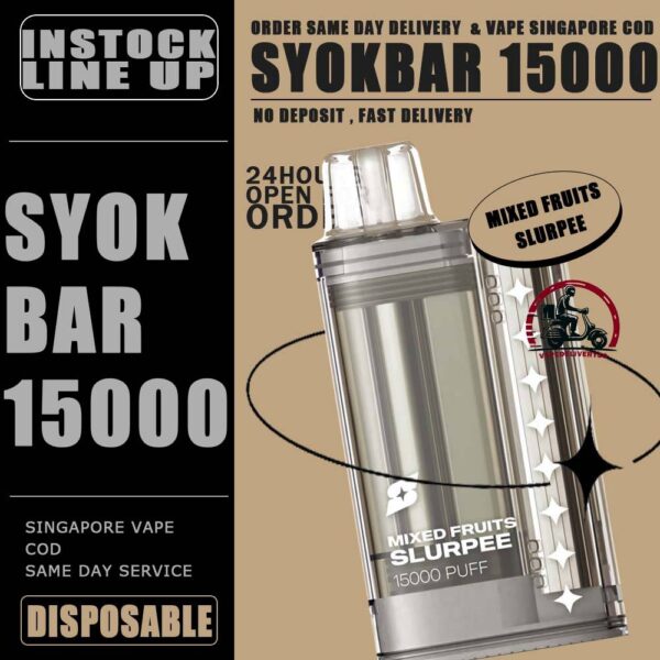 SYOK BAR 15000 ( 15K ) Puffs DISPOSABLE - VAPE DELIVERY SG SINGAPORE The SYOK Bar 15000 vape also as SYOKBAR 15k puffs , this vape kit for you can enjoy one full day , Vape Ready stock at Singapore sg shop on sale for same day delivery. Syokbar 15000 puffs ready stock in Singapore. Syokbar offer 10 fruity flavor options to user. The device has an indicator to show battery and ejuice level. With transparent cover fashion design, syok bar is loved by Singaporean. Try syokbar now at VAPE DELIVERY SG , this device will make you 'syok syok'! Shop now. So fresh so boost with the new visible tank technology : See through flavor easier be prepared. Better taste & longer lasting. 8 min charge 1 day use powerful battery. Specification: Puffs: 15000 Puffs Nicotine Strength: 5% Volume: 25ML Flavour Charging: Recharging with Type C Coil: Mesh Coil Fully Charged Time: 25mins ⚠️SYOK BAR 15K FLAVOUR LINE UP⚠️ Pink Guava Double Grape Double Mango Lemon Sprite Sour Bubblegum Strawberry Honeydew Mango Peach Watermelon Strawberry Grapple Watermelon Slurpee Mixed Fruit Slurpee Sea Salt Lemon Lybena Lychee Double Strawberry Sunkiss Orange Apple Orange Strawberry SG VAPE COD SAME DAY DELIVERY , CASH ON DELIVERY ONLY. TAKE BULK ORDER /MORE ORDER PLS CONTACT ME : VAPEDELIVERYSG VIEW OUR DAILY NEWS INFORMATION VAPE : TELEGRAM CHANNEL