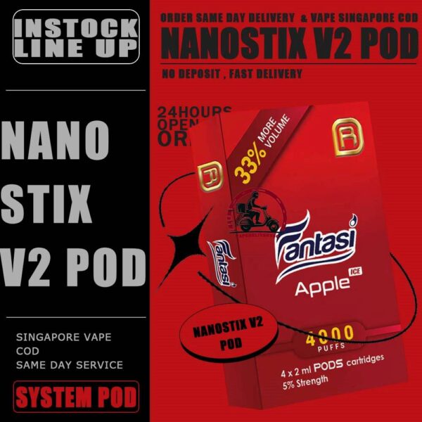 NANOSTIX V2 POD - VAPE DELIVERY SG SINGAPORE NanoSTIX V2 NEO Pod Flavour Compatible for NanoSTIX Neo devices (V2) now with 2ml of liquids which is 33% bigger. Available in packs of 4 cartridges in 1 box of NanoPOD Neo. Our 2ml Nano POD Neo come in a wide range of flavors. Don’t be deceived by their compact size; these flavorful little pods contain the equivalent of 45 cigarettes worth of nicotine each, and thanks to our innovative NanoNIC technology using naturally occurring nicotine salts rather than traditional freebase nicotine, delivery is much more efficient. Specifications : Capacity 2ml Regular: Nicotine 5% Light: Nicotine 3% Package Included : 1 Pack of 4 pods Compatible Device : NanoSTIX V2/V3 ⚠️ NANOSTIX V2 POD FLAVOUR LINE UP⚠️ Apple Coffee Mix Creamy Red Mix Fruity Blue Orange Tabac Classic Tabac Menthol Strawberry Vanilla Banana Vanilla Hazelnut Coffee Strawberry Apple Guava Honeydew Lychee Graple Lemonade Bubblegum Jackfruit Mango Grape ice Kiwi Rockmelon Butterscotch Cream Popcorn Caramel SG VAPE COD SAME DAY DELIVERY , CASH ON DELIVERY ONLY. TAKE BULK ORDER /MORE ORDER PLS CONTACT ME : VAPEDELIVERYSG VIEW OUR DAILY NEWS INFORMATION VAPE : TELEGRAM CHANNEL