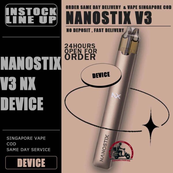 NANOSTIX NX V3 DEVICE - VAPE DELIVERY SG SINGAPORE NANOSTIX NX V3 DEVICE A revolutionary closed pod system device featuring load and go NanoPOD (V1), minus the harmful tar and chemicals of cigarettes’ that offers a healthier, more economical alternative to smoking. The device is lightweight and made of stainless steel casing. Designed without the mess of refill tanks. Simply insert the NanoPOD juice cartridge into the device and you’re ready to vape right away. NanoSTIX device is powered with LED power indicator, micro USB with 0.35V – 2.25V. ⚠️NANOSTIX NX V3 DEVICE AVAILABLE COLOR LINE UP⚠️ Army Tuxedo Denim Titanium Brass Petra *NANOSTIX V3 DEVICE ONLY COMPATIBLE WITH NANOSTIX V2 POD* SG VAPE COD SAME DAY DELIVERY , CASH ON DELIVERY ONLY. TAKE BULK ORDER /MORE ORDER PLS CONTACT ME : VAPEDELIVERYSG VIEW OUR DAILY NEWS INFORMATION VAPE : TELEGRAM CHANNEL