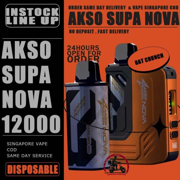 AKSO SUPA NOVA 12000 DISPOSABLE ( STARTER KIT & CARTRIDGE POD ) - VAPE DELIVERY SG SINGAPORE The AKSO SUPA NOVA 12000 puffs disposable vape is Starter Kit & Prefilled Pod design ,ready stock in our sg singapore store online shop for same day delivery. Introducing the AKSO Supa Nova 12k closed pod disposable vape, crafted for flexibility and ease of use. It features adjustable wattage ranging from 10W to 20W, allowing users to customize their vaping experience. Safety is paramount with a child lock and a rechargeable battery equipped with anti-overcharge and auto cut-off systems. Monitoring your vape is simple with liquid and battery indicators, ensuring you're always informed. Adjust the airflow to your liking and enjoy up to 12,000 puffs per cartridge. Plus, it's compatible with cartridges from the Akso Supa Pro series, offering compatibility and versatility for vapers. SAFETY : Designed with user safety and convenience in mind. It features a child lock mechanism where activation and deactivation require pressing any button for 3 seconds, preventing accidental operation. The rechargeable battery includes anti-overcharge protection and an auto cut-off system, ensuring prolonged battery lifespan and safe charging practices. CARTRIDGE SYSTEM POD : Offering an impressive 12k puff capacity per cartridge. It is compatible with cartridges from the Akso Supa Pro series, providing versatility and convenience. With over 40 flavors to choose from, users can explore a wide range of options to suit their preferences and tastes. Specifications : Puff: 12000 Puffs Nicotine Strength: 5% Adjustable wattage : 10W to 20W Liquid and battery indicator Charging Port: 650 mAh Rechargeable Type-C ⚠️AKSO SUPA NOVA 12000 STARTER KIT & CARTRIDGE FLAVOUR LINE UP⚠️ Strawberry Banana Custard Honeydew Chocolate Mint Butter Mint Candy Strawberry Mango Strawberry Yam Cheese Blackcurrant Oat Crunch Mango Sirap Bandung Vanilla Tobacco Passion Soursop Mango Mango Passion Grape Apple Custard Cranberry Grape Milk Caramel Watermelon Gummy Icy Watermelon Gum Icy Lemon Cola Icy Grape Apple Icy Watermelon Strawberry Icy Honey Melon Icy Energy Drink SG VAPE COD SAME DAY DELIVERY , CASH ON DELIVERY ONLY. TAKE BULK ORDER /MORE ORDER PLS CONTACT ME : VAPEDELIVERYSG VIEW OUR DAILY NEWS INFORMATION VAPE : TELEGRAM CHANNEL